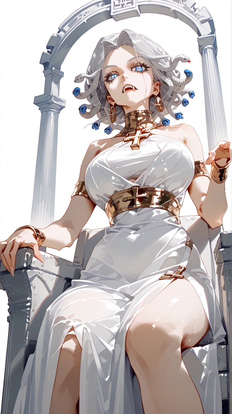  Medusa Greek Mythology  , (Ancient Greek Dress:1.3),  gold and silver accessories , high neck collar ,  bracelet,  earrings,
Lots of snake hair ,  image of a snake all white ,  has white skin covered with shiny scales,  sky blue eyes,  slightly open wet lips ,  small fangs ,  with a red tongue sticking out ,  Thin Waist,  wide hips,  perfect curvy body , (  simple background,  white background), ( sitting cross-legged on a throne ),  view from below, 
Picture of a white snake , 