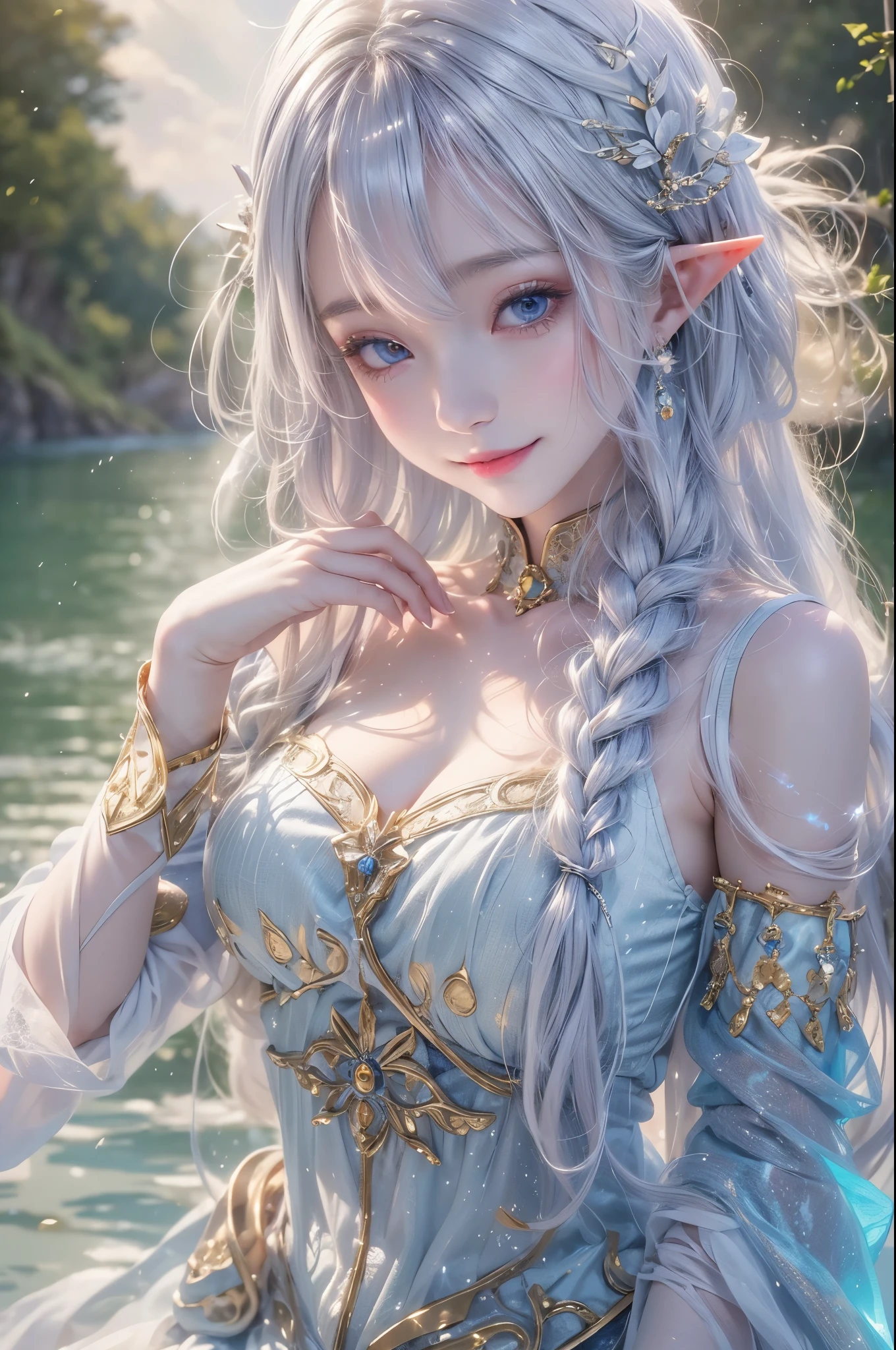 (master piece),(4k),high quality, small breasts,1girl,elf,long silver hair,pale skin,smile,white and blue costume,lakeside,(beautiful fantasy anime),film Lighting
