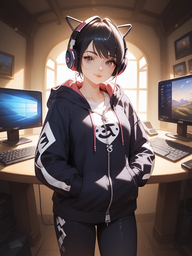  One Girl 、 Shortcut 、 headphones、 Dark Room、 computer、 is listening to music, black hair、 high definition、masterpiece、accurate、 high image quality model、 close-up, valley,  headphones, zip hoodie 