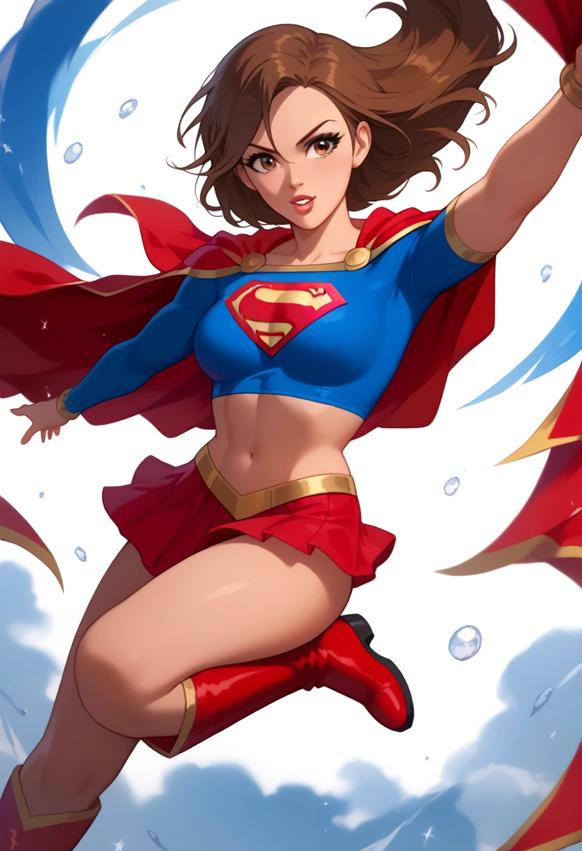 Seira Mizuki, with her cool and elegant demeanor, exudes both grace and strength in the classic Supergirl costume. The bright blue top, featuring the iconic red and yellow 'S' emblem, contrasts beautifully with her short brown hair. The red cape billows behind her, adding a dramatic and heroic flair as it catches the wind, perfectly complementing her poised and confident stance. The red skirt and knee-high red boots finish the look, accentuating her tall and slender figure, giving her an air of both power and elegance.
Seira’s composed and determined expression perfectly captures the essence of a superhero, blending her natural elegance with the fierce determination of Supergirl. Her transformation into this heroic role highlights her balance of strength and beauty, making her the ideal embodiment of courage and grace, ready to face any challenge with confidence and inspire those around her.