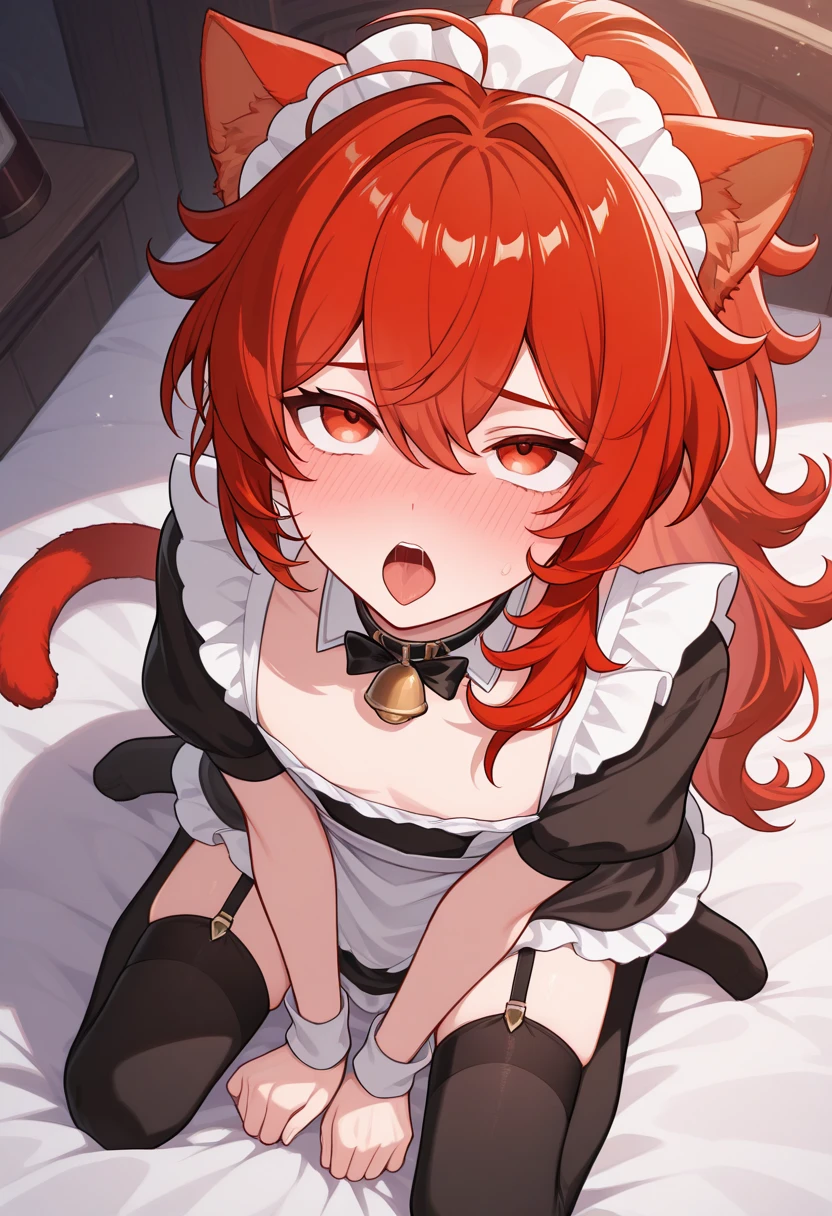 masterpiece, best quality, diluc (genshin impact), 1boy, long hair, red hair, red eyes, male focus, solo, ponytail, bangs, hair between eyes, vibrant red hair, saturated quality red hair, wibrant quality image, shy, coy, bed, thigh high legwarmers, stir ups, thigh high stockings huggings thighs, soft thighs, looking up, upward angle, ahegao, blushing, open mouth, maid dress, flat chest, cat ears, neko girl, neko maid, femboy, cat tail, thing cat tail with bell, collar, bell collar, cat ears with bell