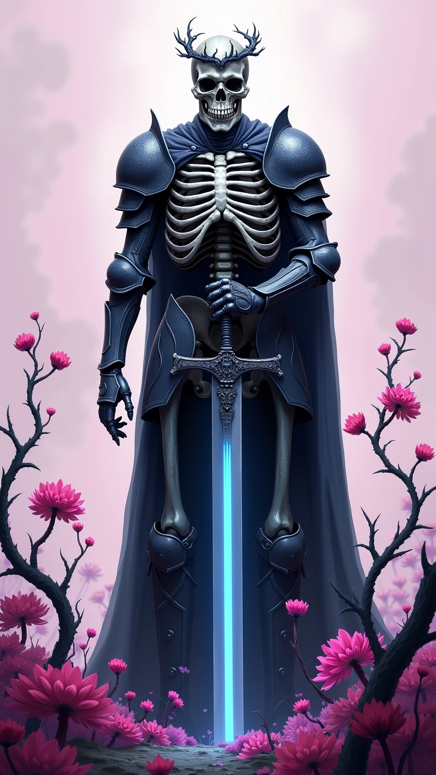 A skeletal knight, ribcage visible through tattered dark fabric, wearing blackened plate armor with ornate skull-shaped shoulder pauldrons and a small crown of thorns on its skull, holding a massive two-handed greatsword with a glowing light blue blade planted into the ground, three-quarter view from slightly below, surrounded by stylized pink and blue flowering vines and thorny branches against a soft, pale pink backdrop, dramatic rim lighting highlighting the bone structure and armor details, intricate details on the armor and sword, dark fantasy art