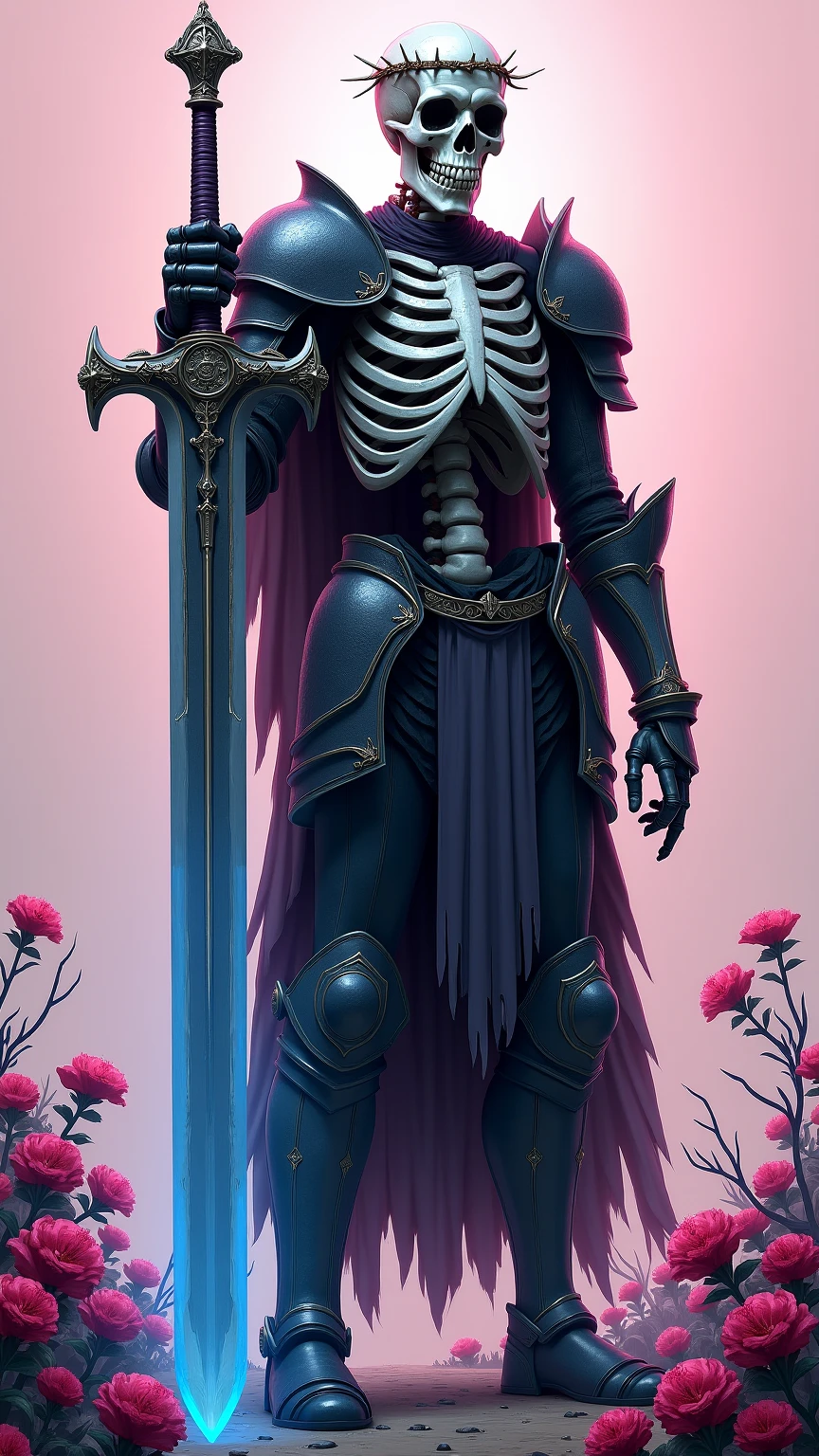 A skeletal knight, ribcage visible through tattered dark fabric, wearing blackened plate armor with ornate skull-shaped shoulder pauldrons and a small crown of thorns on its skull, holding a massive two-handed greatsword with a glowing light blue blade planted into the ground, three-quarter view from slightly below, surrounded by stylized pink and blue flowering vines and thorny branches against a soft, pale pink backdrop, dramatic rim lighting highlighting the bone structure and armor details, intricate details on the armor and sword, dark fantasy art