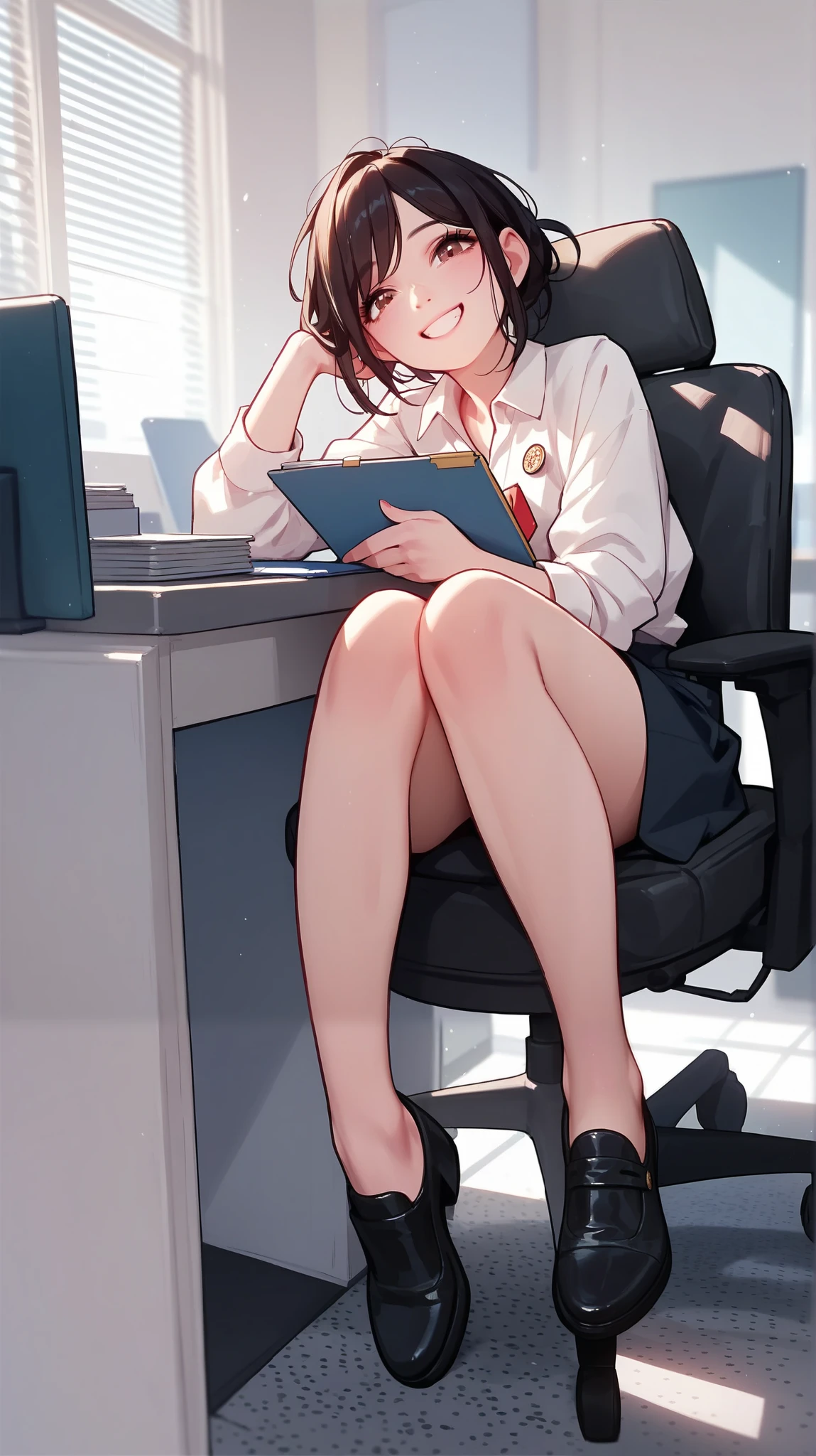 A smiling Asian female college student with black medium-length hair, wearing a recruit suit, sitting in an office.