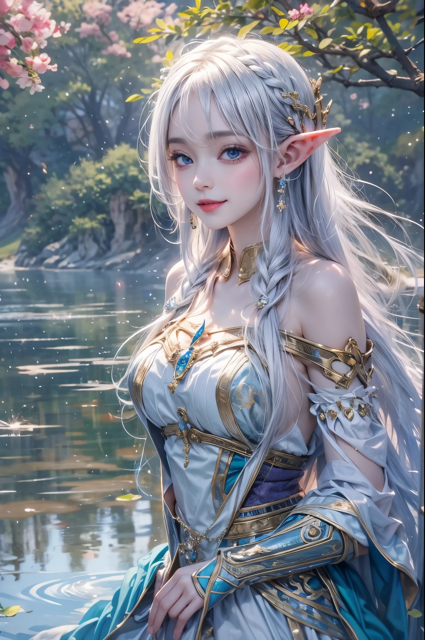 (master piece),(4k),high quality, small breasts,1girl,elf,long silver hair,pale skin,smile,white and blue costume,lakeside,(beautiful fantasy anime),film Lighting