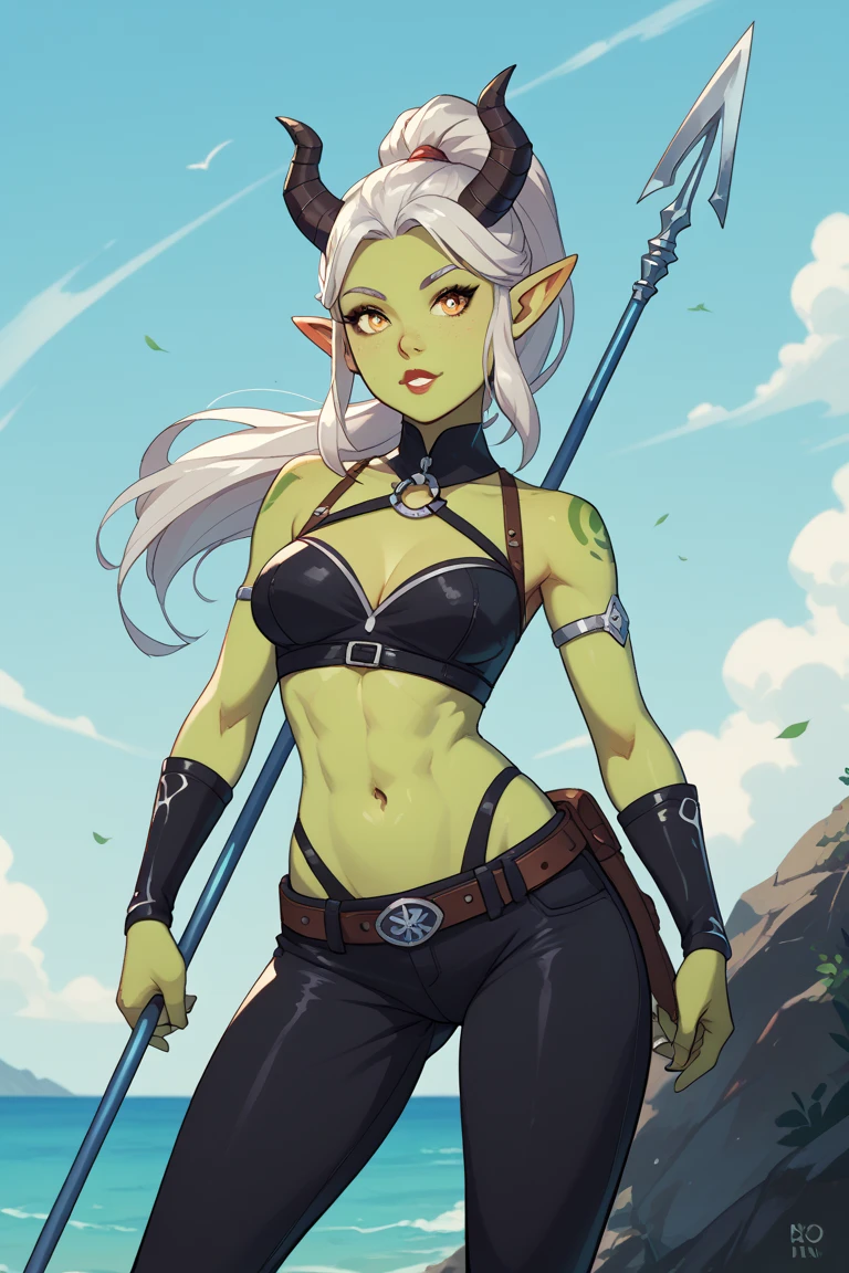 ponytail, green skin, horns. Gender Female, Eye Color Yellow. Black irises. Hair Color Blue. Hair Length Hip / Past Hip. Apparent Age Adult. Animal Ears Elf. Weapon silver pointed spear. Gobuko Nggiell from Peter Grill