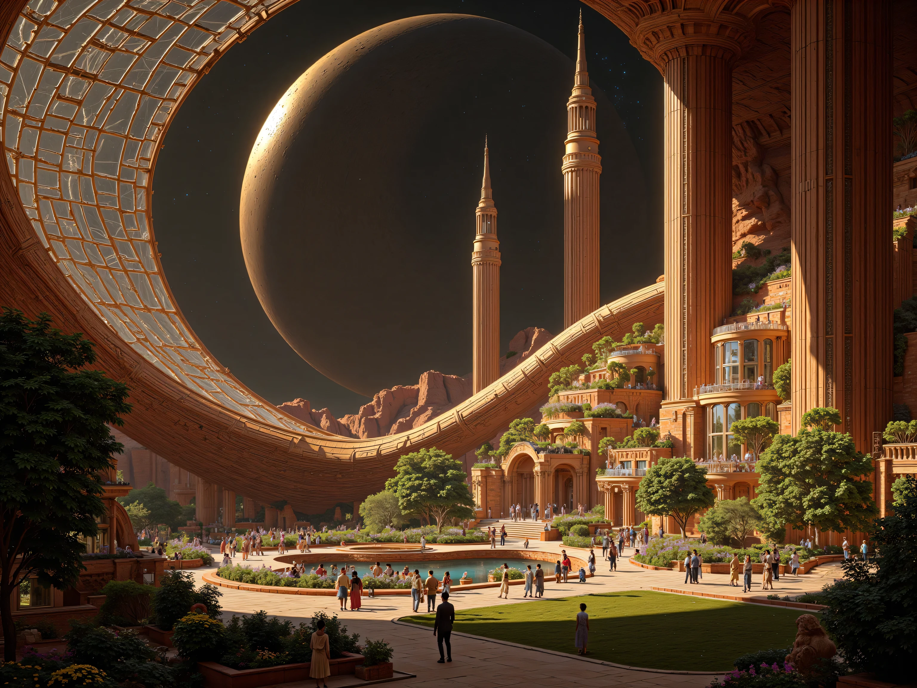 A super realistic photo taken from inside a large space colony on Mars with a clear view through the glass dome of the colony to Mars's two moons and the stars. People are walking around and one of the many buildings is a Starbucks, which sits just outside a park full of grass, trees and flowers.