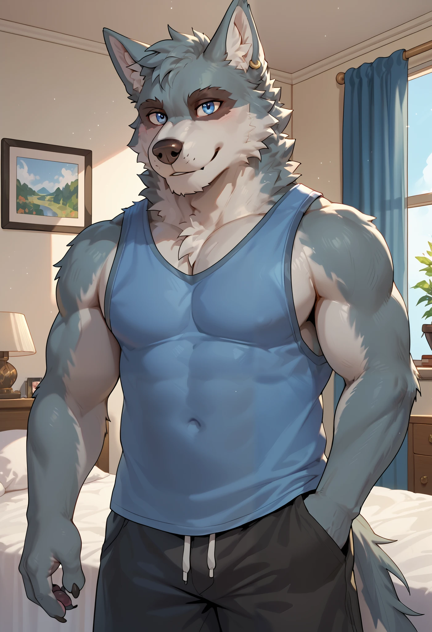 score_9, score_8_up, score_7_up, Tysonvn, wolf, solo, naughty smile, body movement, indoors, in bedroom, blue tank top, black shorts, detailed bedroom, 5fingers, hi res, detailed eyes, eyes focus, perfect eyes, perfect face, best artwork, highly detailed