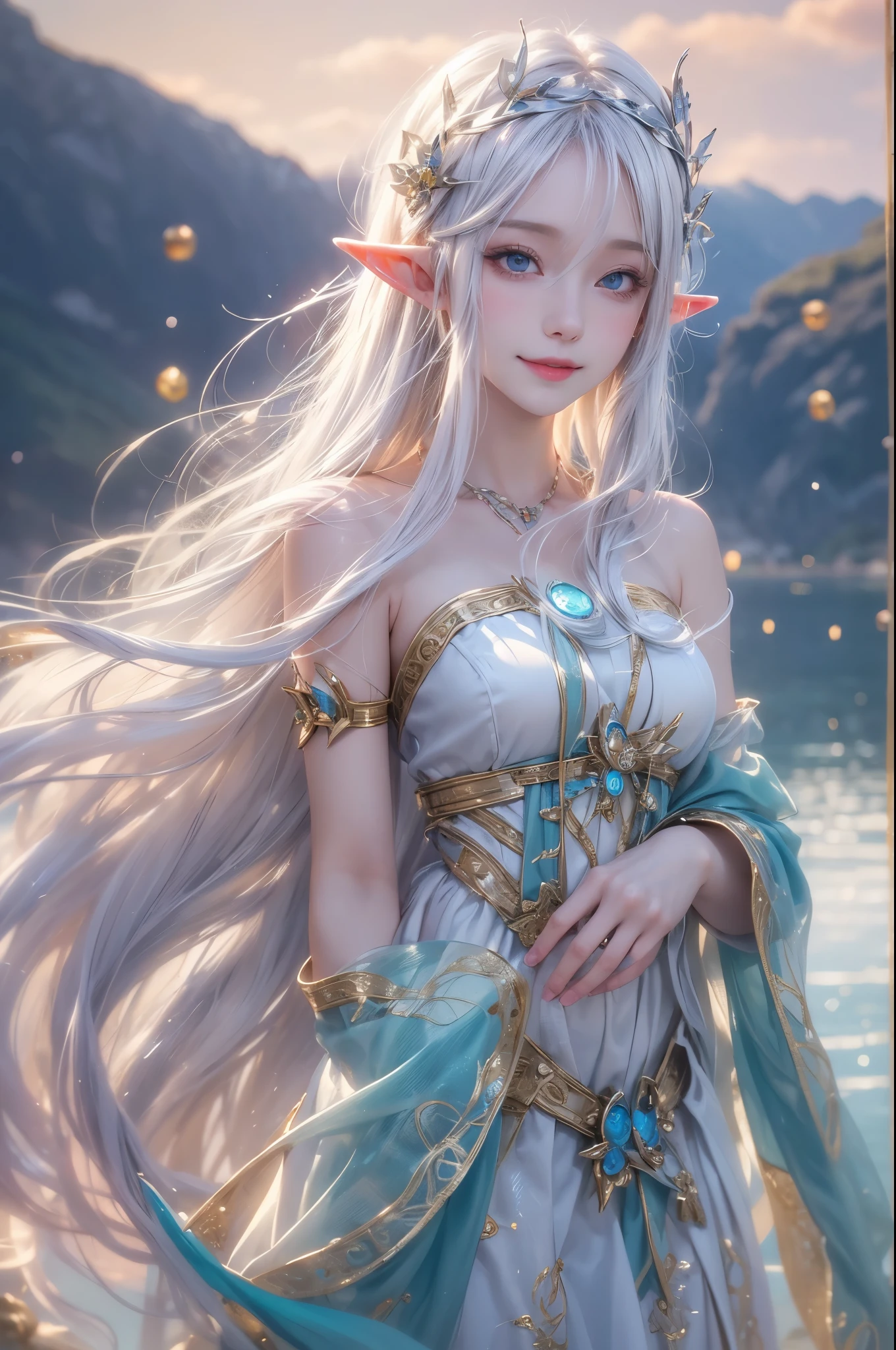 (master piece),(4k),high quality, small breasts,1girl,elf,long silver hair,pale skin,smile,white and blue costume,lakeside,(beautiful fantasy anime),film Lighting
