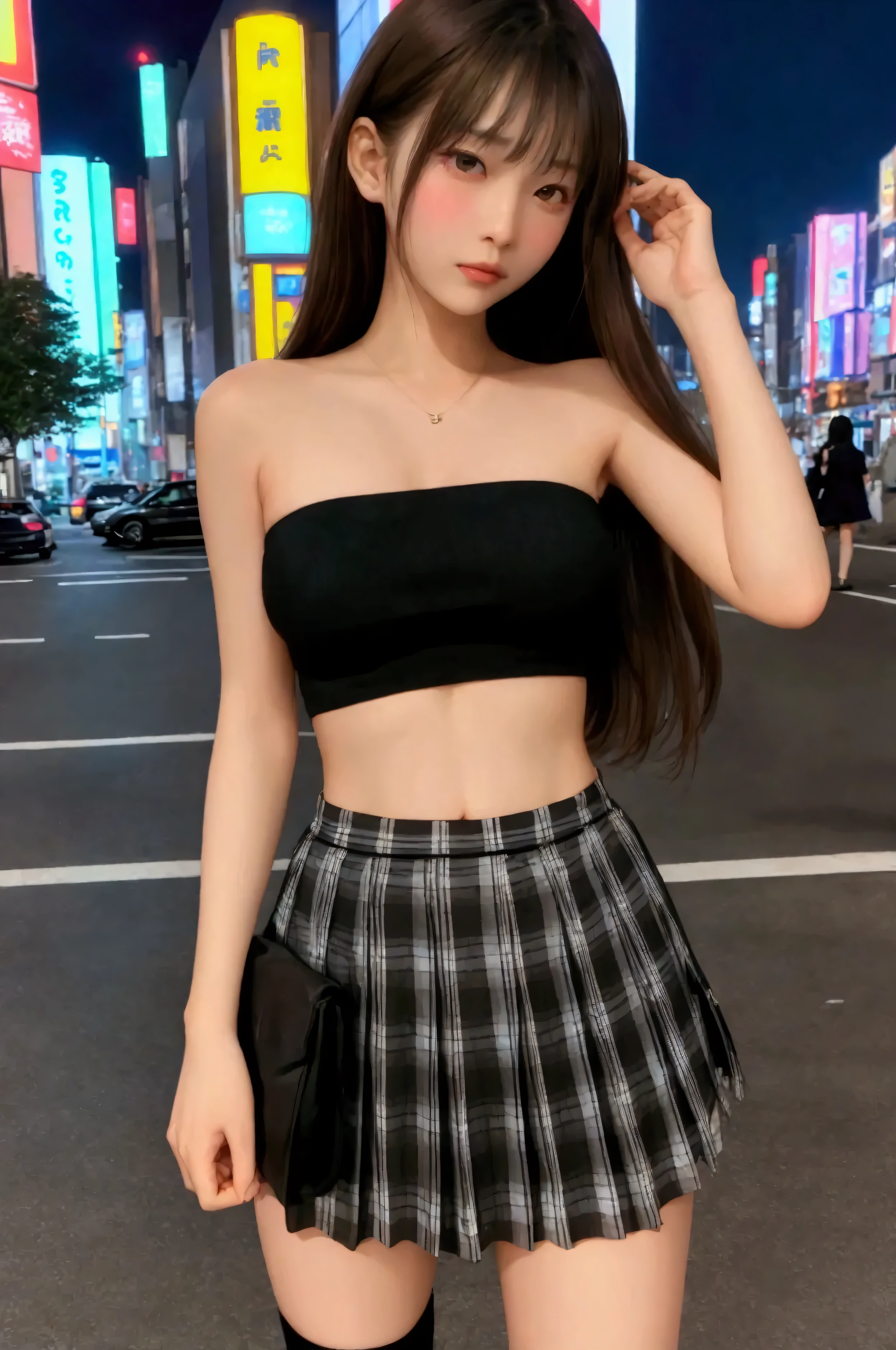1girl in, 24 year old,(11 head body:2.0),(beauty legs:2.0),(Refreshing smile:1.2),(Look at viewers:1.1),straight haired, Long hair, (hide one's hands:2.0) 、(Large bracelet:1.2)、High neck sleeveless knit, (Black tight skirt:1.5),(Black stockings), (a japanese girl, hposing Gravure Idol), 、(Street Trees:1.2), 135 mm, Fuji Film,