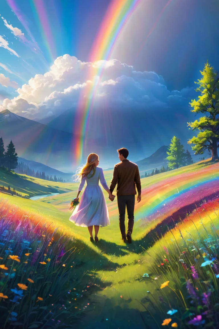 A close-up of two people holding hands in a glowing meadow, with a large rainbow arching across the sky. The scene is fantastical and overflowing with love.