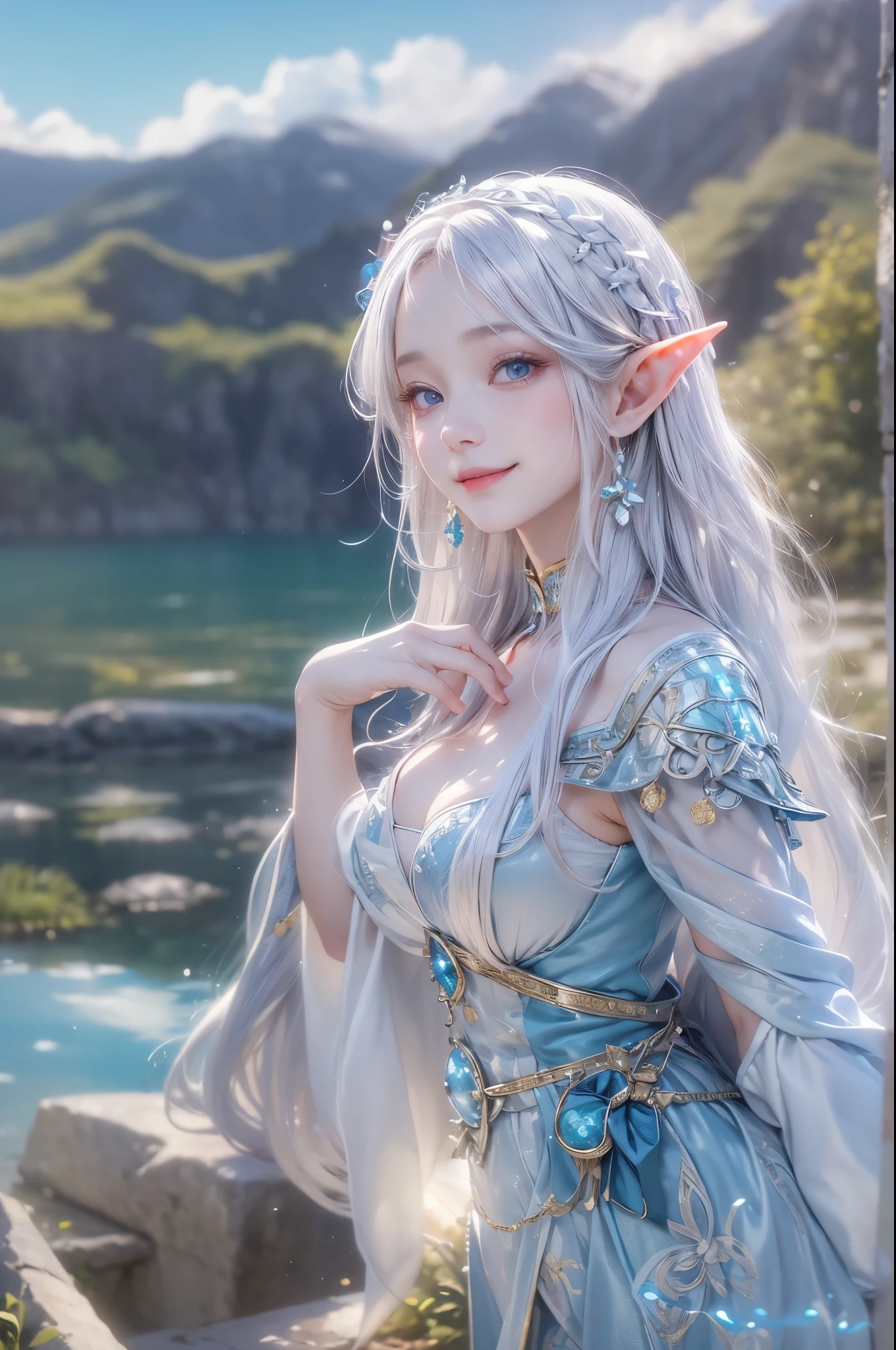 (master piece),(4k),high quality, small breasts,1girl,elf,long silver hair,pale skin,smile,white and blue costume,lakeside,(beautiful fantasy anime),film Lighting
