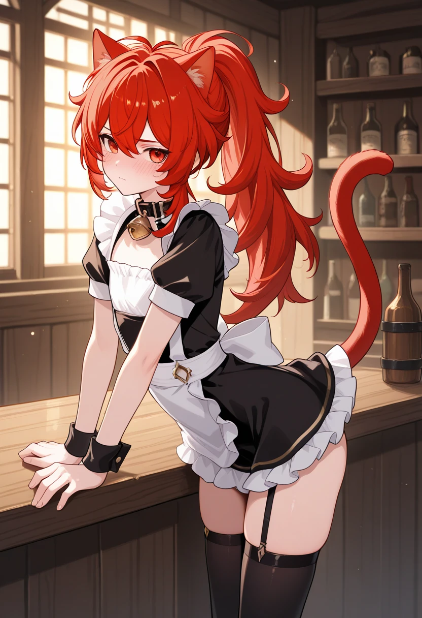 masterpiece, best quality, diluc (genshin impact), 1boy, long hair, red hair, red eyes, male focus, solo, ponytail, bangs, hair between eyes, vibrant red hair, saturated quality red hair, wibrant quality image, shy, coy, bed, thigh high legwarmers, stir ups, thigh high stockings huggings thighs, soft thighs, blushing, maid dress, flat chest, cat ears, neko girl, neko maid, femboy, cat tail, thing cat tail with bell, collar, bell collar, cat ears with bell, behind the bar, at the bar, leaning on the bar counter, arched back, beers on the bar, tavern setting, medium lighting, warm lighting