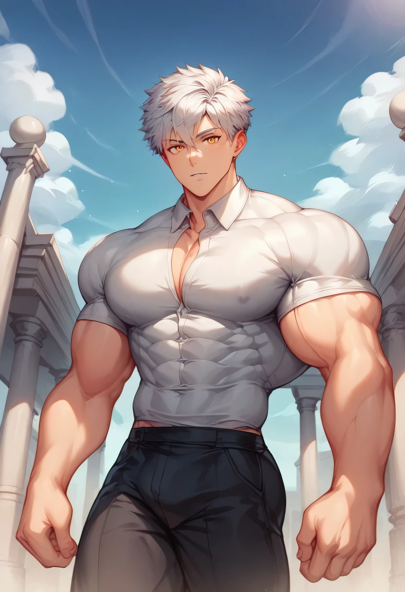 score_9, score_8_up, score_7_up, score_6_up, 1boy, solo, straight hair, short hair, silver-white hair, amber eyes, muscular, gigachad, white long-sleeved shirt, high-collared shirt, silver filigree on shirt, black cloth pants, Greek temple, standing, looking at viewer.