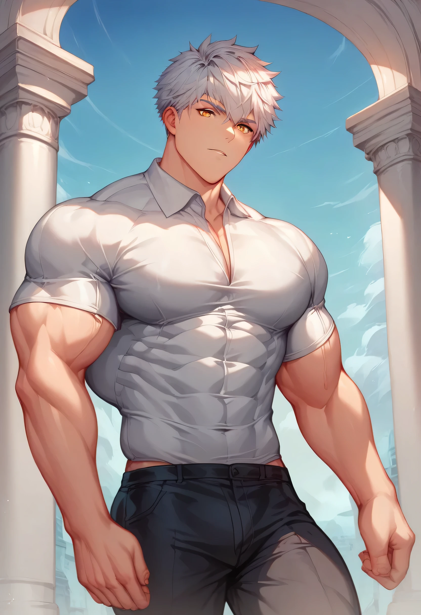 score_9, score_8_up, score_7_up, score_6_up, 1boy, solo, straight hair, short hair, silver-white hair, amber eyes, muscular, gigachad, white long-sleeved shirt, high-collared shirt, silver filigree on shirt, black cloth pants, Greek temple, standing, looking at viewer.