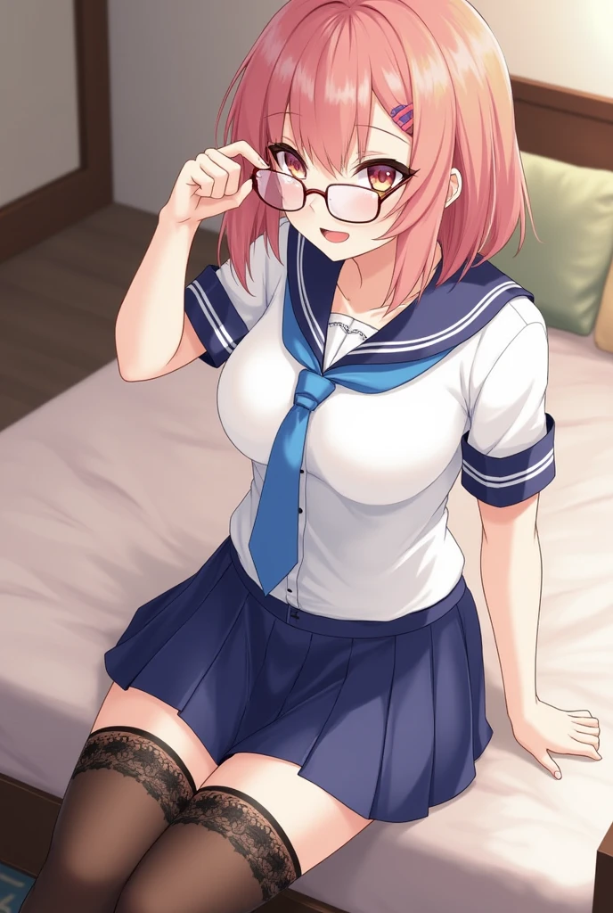 ((masterpiece)), ((best quality)), (ultra-detailed), on the bed, a cute girl, 1girl, solo, sailor suit, ((beautiful eyes)), short hair, large breast