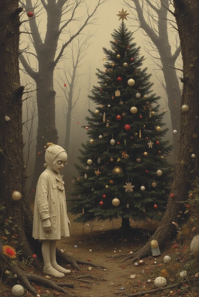 This is Andrew Wyeth - The Art of Andrew Wyeth - with the disturbing and disgusting world of Stephen Gummel, a muted dry brush technique that creates a sense of calm. (animation Fairytale forest, mysticism, decorated Christmas tree) masterpiece, Fairytale background) (minimalism: 1). perfect body anatomy.
