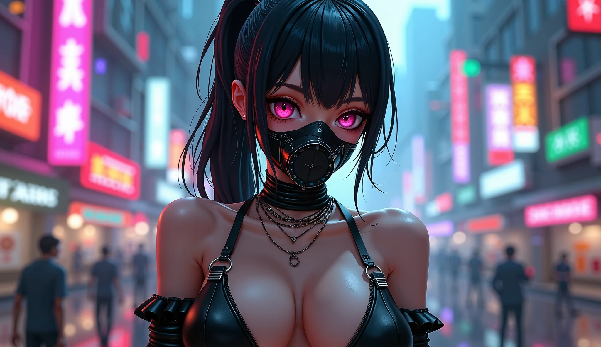 Best quality, one person, ((masterpiece)), 8k, raw, ((a hot chick young beautyful asian big girl)), ((detailed face)), (there is a dark cyber room in the background), (good anatomy), detailed eyes, detailed face, (((black, pink latex lingerie with Garter Belts Sexy ))), ((Secretary outfit)), (((good anatomy))), (big tits), (((posing with her breasts))), facing the camera, makeup, (PUSH UP TITS), (((WEARING A BLACK CYBERPUNK MASK))), (tits on focus), ((black straight hair)), ((balck carbon robot hands))
