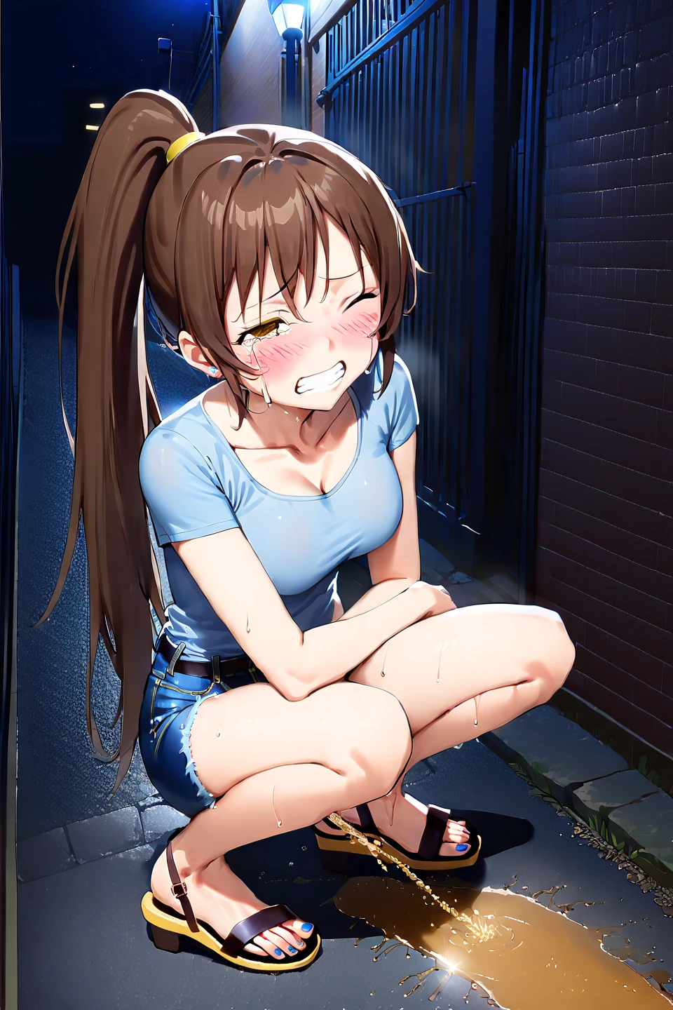 NSFW, (masterpiece, top quality, best quality, highly detailed:1.6), extremely detailed CG unity 8k wallpaper, (full body), wide shot, long shot, (leaning forward,close knees, pee running down legs:2.5), (Touching groin:2.7), (holding crotch with hands:2.7), (((standing))), (((clutching crotch))), strong facial expression, (sharp eye:1.2), (scowl:1.1), (embarrassed, blush:1.3), (steam:2.3), (Wet:1.2), (sweat:1.1), (trembling:1.3), (open mouth, wavy mouth:1.4), (drooling:2.1), (open eyes:2.5), (looking up, Gazing Upward:2.9), (no pupils, empty eyes:2.9), (feeling weak:1.5), (shoot from front, looking at viewer:1.2), (light blue denim, Too short shorts:1.5), (at midnight), night, (Alley), woman, outdoor, (T-shirt, sandals:1.5), (long hair, dark brown hair, ponytail:1.5), (glasses:1.5), (woman trembling with sexual climax:1.5), (Be incontinent:1.5), colorful, perfect composition, urination, incontinence, piss, peeing self, (((pee stream))), (pee puddle), Wetting herself, pee stain, large breasts, Yellow pee, ((leaking pee)), puddle of pee, Pee at your pants, Pee spread on the floor, Pee stains, Dripping pee between my legs, Feet Wet from pee, Pee-covered pants, Pee at your pants, want to pee, about to pee, Full bladder, Pee-soaked pants, Pee-soaked sandals, natural makeup,