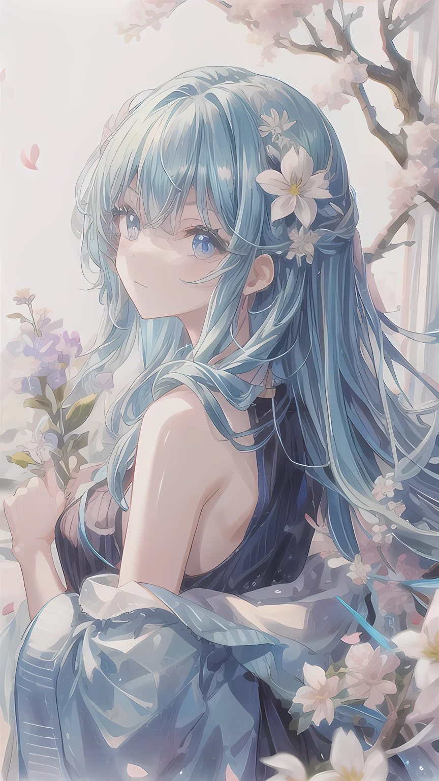 (masterpiece), (Highest quality), (Super detailed),(Disheveled Hair),(figure), (One girl), (Fashionable clothes), Are standing, Fashion Model, View your viewers, (interview), (Simple Background),Beautiful attention to detail, Delicate and beautiful face, floating,(High saturation),(Colorful splashes),Colorful Bubbles,(The Shining), Focus on the face,  ponytail, kamisato ayaka, Light blue hair, bangs, Hair Ring, Floating Flowers, Floating hair, (The Shining), Best lighting, Best Shadow,  