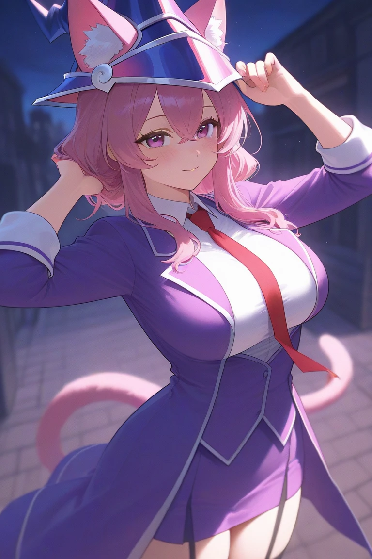 character:tamamo no mae \(fate/extra\), bg:city street scene, fx:rain and fog, Eyes: blue, wink