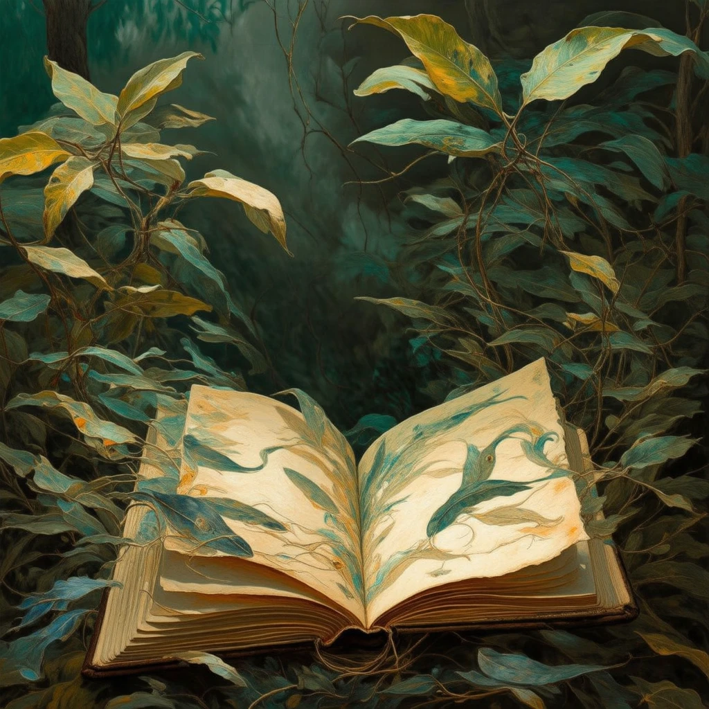 Book of stories coming up with all the lore inside this being real and pulling up outside, swoosh adornments, monumental objects, 4d and high relief, foliage of big leaves, fishes and characters, nature, birds, people, sintetic manic chaotic textures