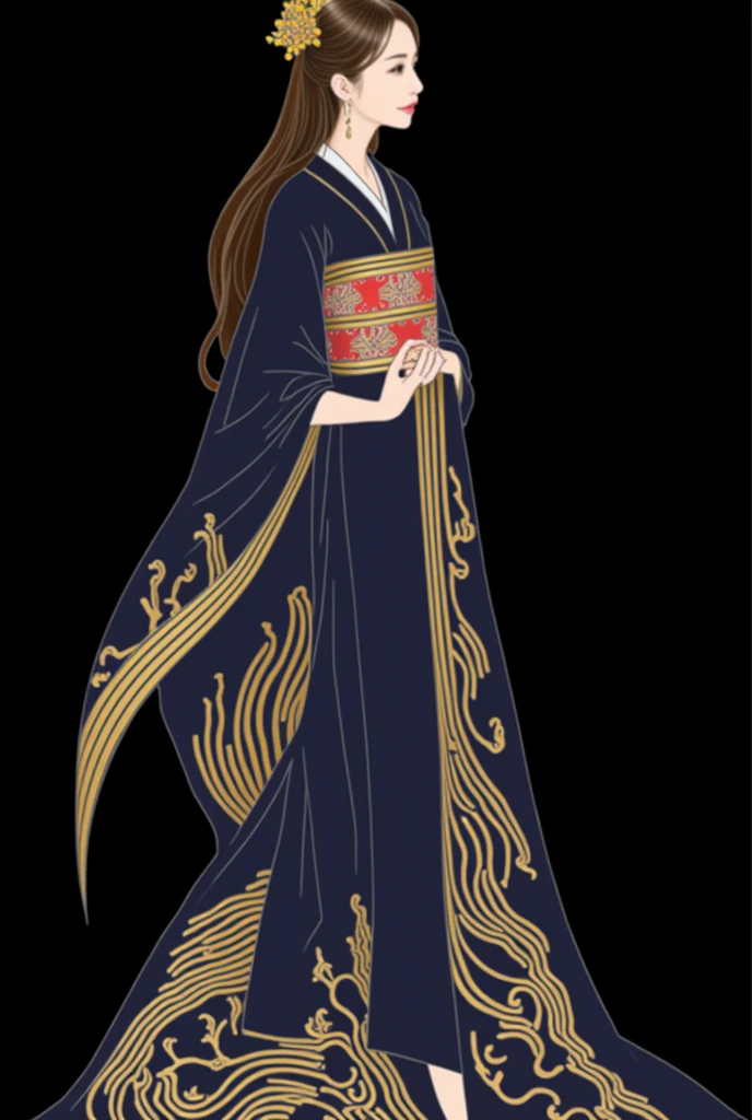 masterpiece, solo,full body, a japanese woman, long hair,black eyes,wearing a long dress,the dress made with the japanese delicate and complex pattarn , thin and soft fabric, dark deep blue, intricate graceful nature pattern with gold and various colors , elegant gown, long flowing sleeves inspired by traditional kimono, sash is inspired obi, delicate embroidery.simple dark background but cinematic light.