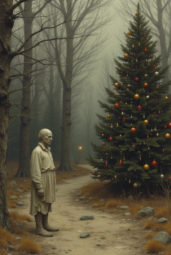 This is Andrew Wyeth - The Art of Andrew Wyeth - with the disturbing and disgusting world of Stephen Gummel, a muted dry brush technique that creates a sense of calm. (animation Fairytale forest, mysticism, decorated Christmas tree) masterpiece, Fairytale background) (minimalism: 1). perfect body anatomy.
