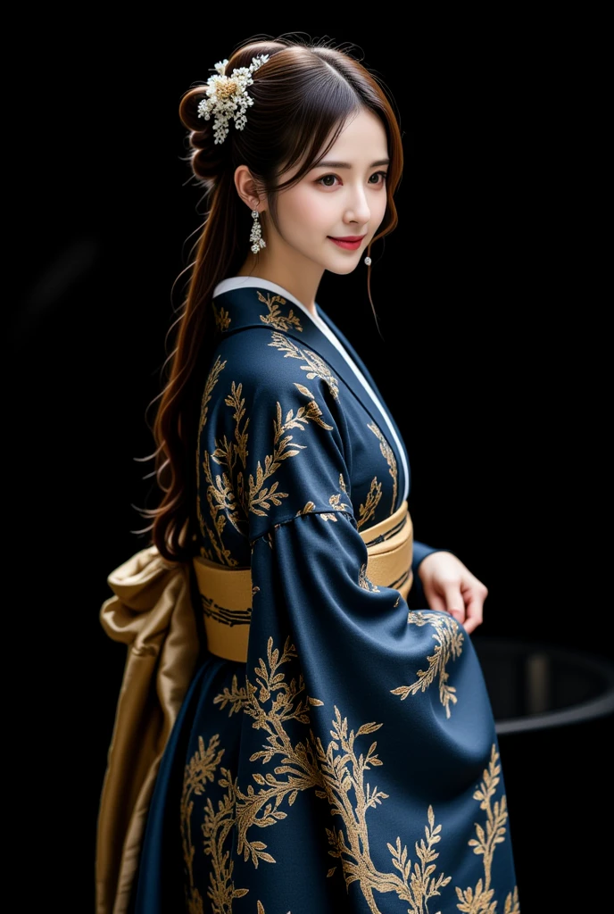 masterpiece, solo,full body, a japanese woman, long hair,black eyes,wearing a long dress,the dress made with the japanese delicate and complex pattarn , thin and soft fabric, dark deep blue, intricate graceful nature pattern with gold and various colors , elegant gown, long flowing sleeves inspired by traditional kimono, sash is inspired obi, delicate embroidery.simple dark background but cinematic light.