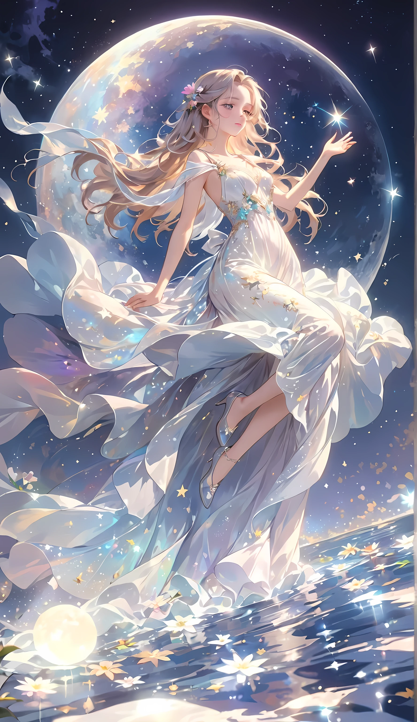(best quality,4k,8k,highres,masterpiece:1.2),A girl standing alone under the starry night sky, with her silhouette illuminated by the soft moonlight and twinkling stars. Her face is beautifully detailed, with sparkling eyes, long and fluttering eyelashes, and exquisitely defined lips. She is dressed in an elegant gown, flowing and ethereal, embracing her figure gracefully as it glimmers with a subtle celestial glow. The intricate details of her dress catch the faint starlight, creating a mesmerizing sparkle. The surrounding landscape showcases a serene garden, lush with vibrant foliage and colorful flowers. The air is filled with a gentle breeze, causing the leaves to rustle and the flowers to sway delicately. The garden is bathed in a warm, dreamy color palette, with hues of deep blues, purples, and hints of silver. The atmosphere is calm and tranquil, evoking a sense of peace and serenity. The artwork is of the highest quality, meticulously created with ultra-detailed brushstrokes and precise attention to every element. The texture and depth of the painting are breathtaking, with a sense of realism and photorealism that captures the awe-inspiring beauty of the night sky. The lighting is soft and diffused, casting a gentle glow over the entire scene, enhancing the magical ambiance. The girl's presence radiates a sense of mystery and wonder, as if she holds a secret connected to the celestial beings above. The overall composition evokes a feeling of timelessness and captures the essence of a StarSign, an artwork that embodies the celestial beauty and inner strength of a girl in harmony with the stars. (ai-generated:.25),(dsmile:.25)