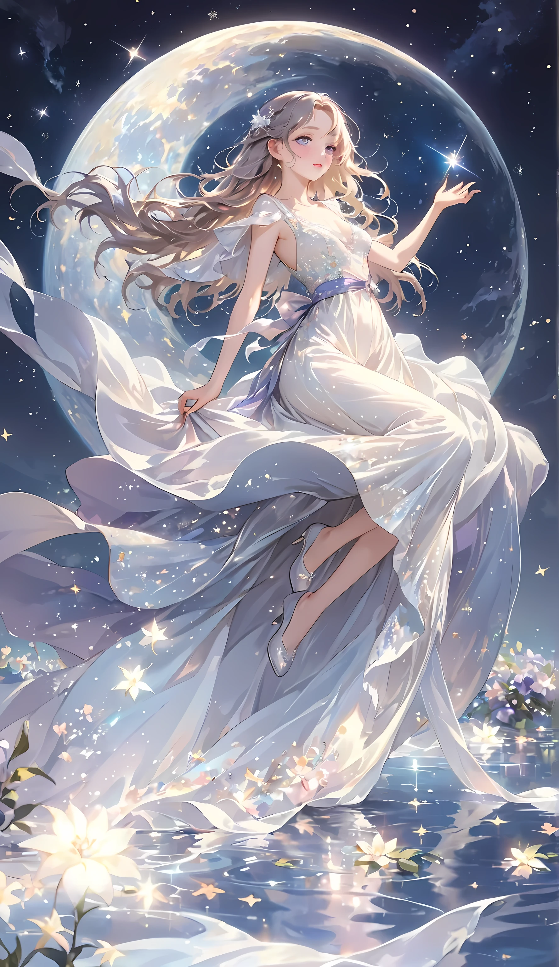 (best quality,4k,8k,highres,masterpiece:1.2),A girl standing alone under the starry night sky, with her silhouette illuminated by the soft moonlight and twinkling stars. Her face is beautifully detailed, with sparkling eyes, long and fluttering eyelashes, and exquisitely defined lips. She is dressed in an elegant gown, flowing and ethereal, embracing her figure gracefully as it glimmers with a subtle celestial glow. The intricate details of her dress catch the faint starlight, creating a mesmerizing sparkle. The surrounding landscape showcases a serene garden, lush with vibrant foliage and colorful flowers. The air is filled with a gentle breeze, causing the leaves to rustle and the flowers to sway delicately. The garden is bathed in a warm, dreamy color palette, with hues of deep blues, purples, and hints of silver. The atmosphere is calm and tranquil, evoking a sense of peace and serenity. The artwork is of the highest quality, meticulously created with ultra-detailed brushstrokes and precise attention to every element. The texture and depth of the painting are breathtaking, with a sense of realism and photorealism that captures the awe-inspiring beauty of the night sky. The lighting is soft and diffused, casting a gentle glow over the entire scene, enhancing the magical ambiance. The girl's presence radiates a sense of mystery and wonder, as if she holds a secret connected to the celestial beings above. The overall composition evokes a feeling of timelessness and captures the essence of a StarSign, an artwork that embodies the celestial beauty and inner strength of a girl in harmony with the stars. (ai-generated:.25),(dsmile:.25)