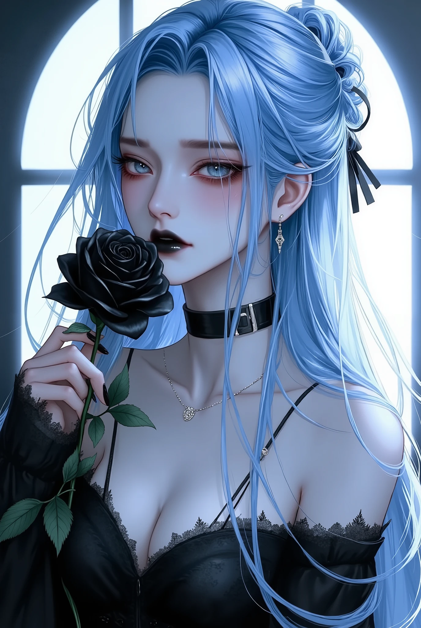  one beautiful villain woman who fell into darkness in anime illustration、dark King、Beautiful and handsome、 the background is bright 、Glamorous background、hope、like、 Kindness 、Light、 expressionlessで睨む、Black Rose、私は君をlikeしてるよ、This flower for you、20 years old、 expressionless、Light blue long hair、 arranged hair 、Handsome hairstyle、 Black Makeup 、 white skin、Small face、Black lip gloss、Villain pose、Fascinating fans、Seduce、Villain gothic fashion style、 cute girl with piercings 、dark illustrations、Smooth illustration、Smoothly drawn、 with a painful expression taken from an oblique side、For icons
