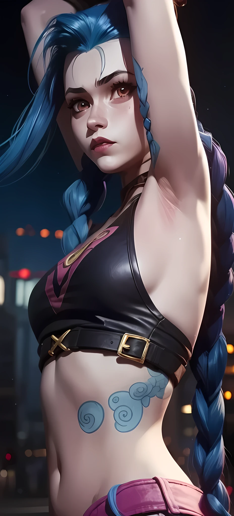 (masterpiece, best quality:1.2), 1girl, solo, Jinx, blue hair with two long twin braids detailed, city, colorful, (((showing armpits))) colorful background. 