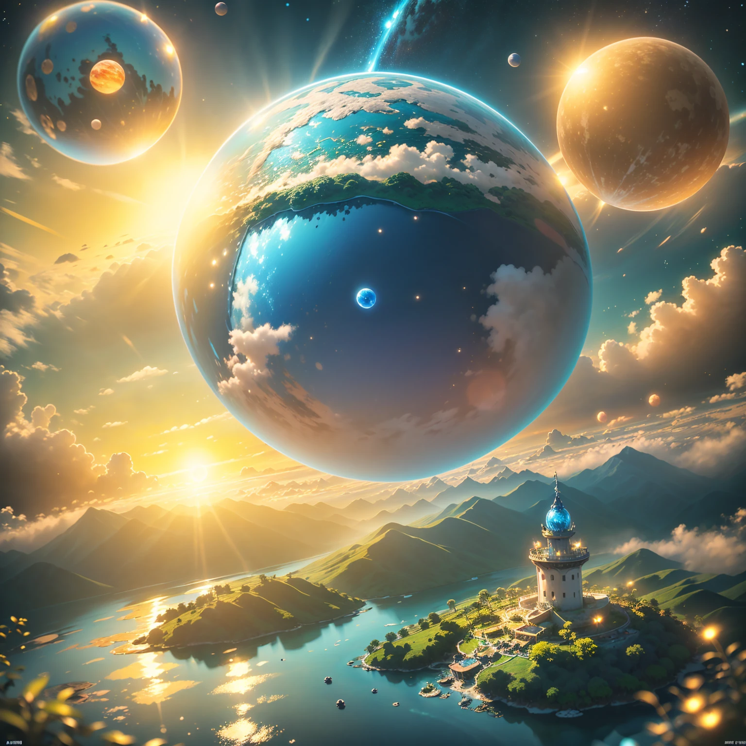 8K quality,(masterpiece:1.3), top quality, detailed images,unmanned, Above the Clouds(A small island is floating ,There is a waterfall, fantastic waterfalls),Floating( one small sphere is floating(A planet made of water ,Water Planet, Blue Planet )),background( lots of stars, golden gradation,Sunset gradation).