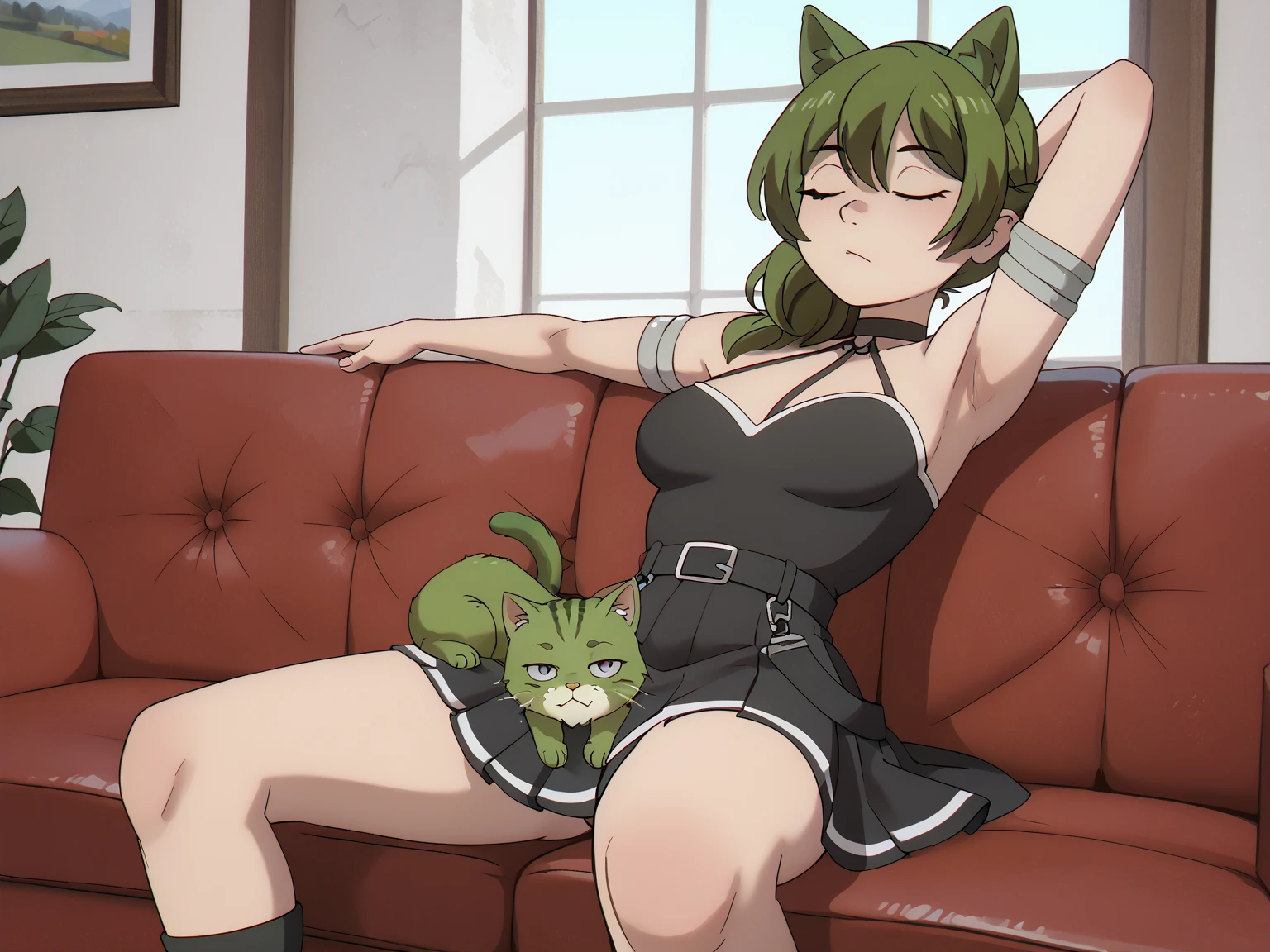  High Quality 、 HD、 background living room、 sits on a chair、 spread your arms to the side 、 viewer's perspective、 beautiful girl、Armpit、black dress skirt、green cat ears、green tail、 legs closed, stretch your legs、 dye their cheeks 