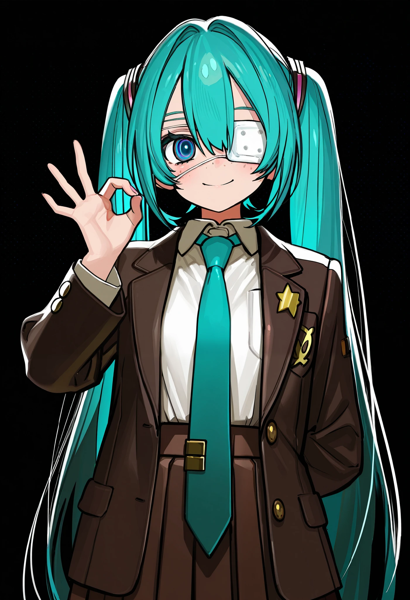 by wada arco, 1girl, monitoring (vocaloid), hatsune miku (monitoring), very long hair, twintails, bangs, hair between eyes, blue eyes, ringed eyes, medical eyepatch, freckles, school uniform, collared shirt, necktie, jacket, open jacket, long sleeves, pleated skirt, upper body, standing, ok sign, hand over eye, smile, arm behind back, black background, masterpiece, best quality, amazing quality, very aesthetic, high resolution