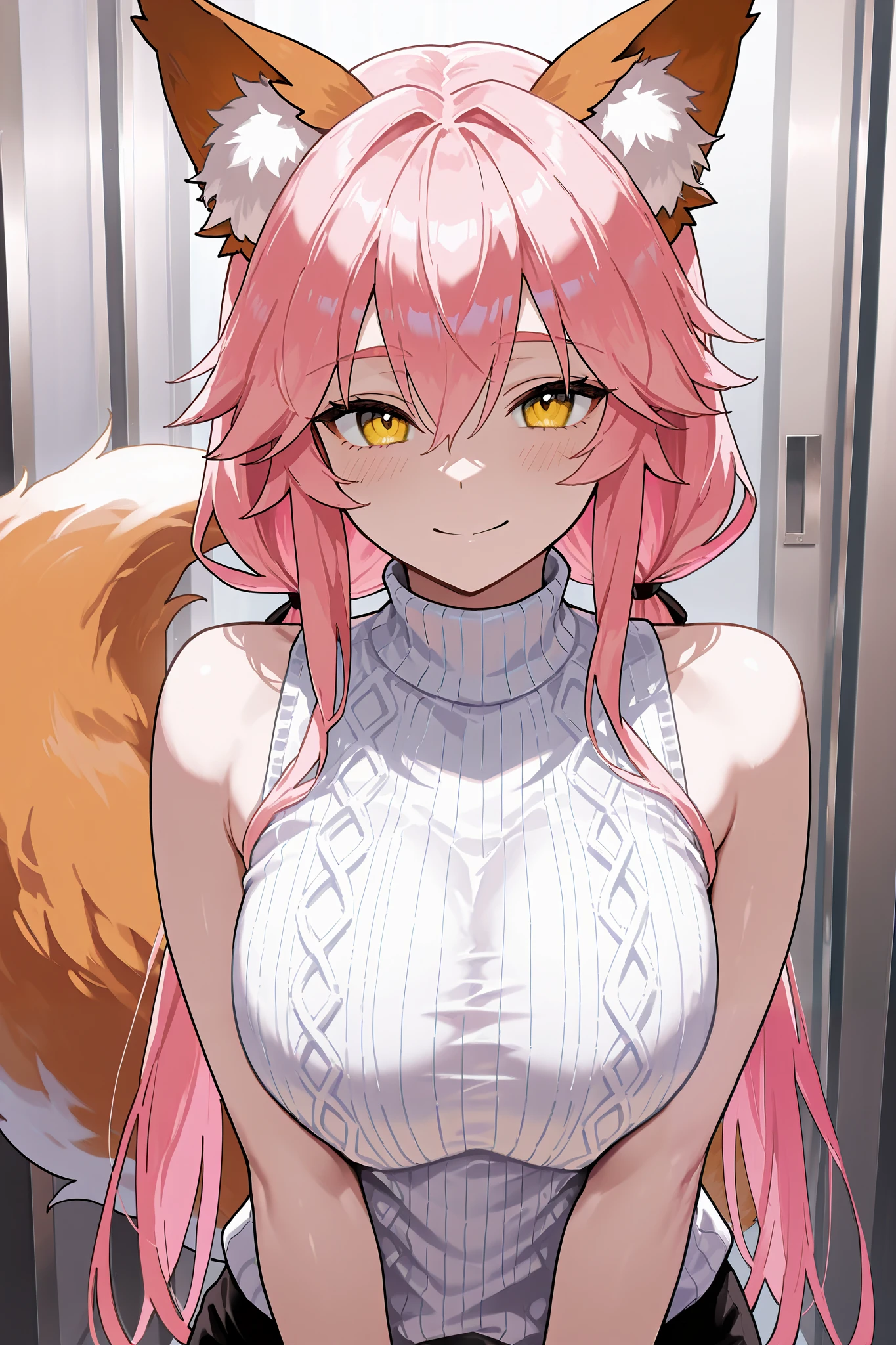 NSFW,masterpiece, top quality, high definition, very detailed,Tamamo、 pink hair、 hair between eyes 、 side lock、 short twin tail 、 yellow eyes、 Beast Ears、Fox Ears、 Fox Tail ,Married Woman, turtleneck sweater, sleeveless