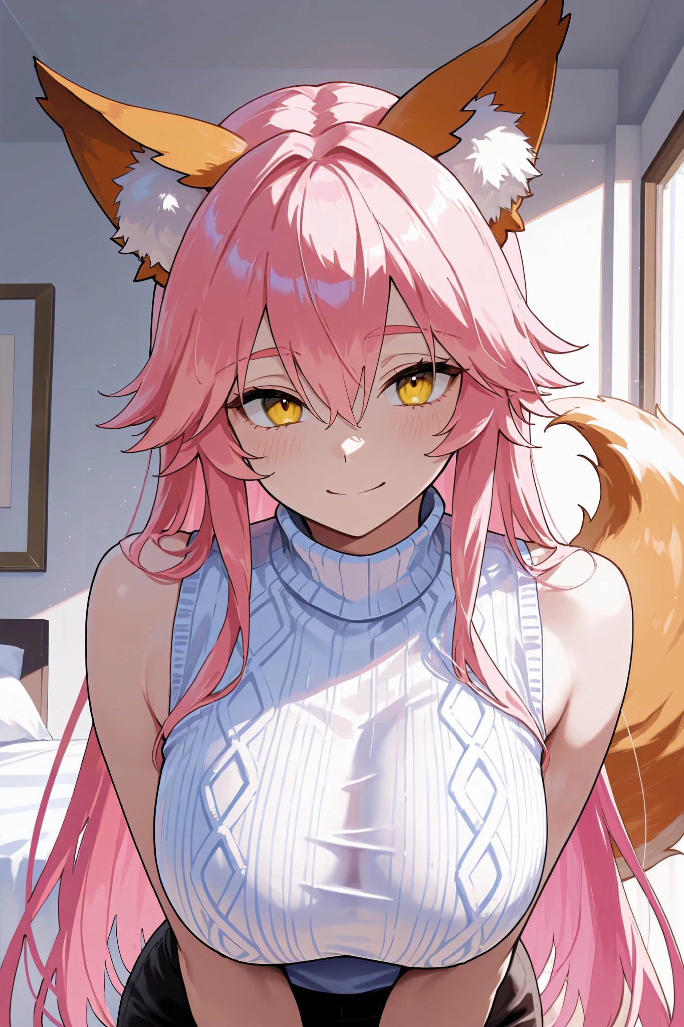 NSFW,masterpiece, top quality, high definition, very detailed,Tamamo、 pink hair、 hair between eyes 、 side lock、 short twin tail 、 yellow eyes、 Beast Ears、Fox Ears、 Fox Tail ,Married Woman, turtleneck sweater, sleeveless
