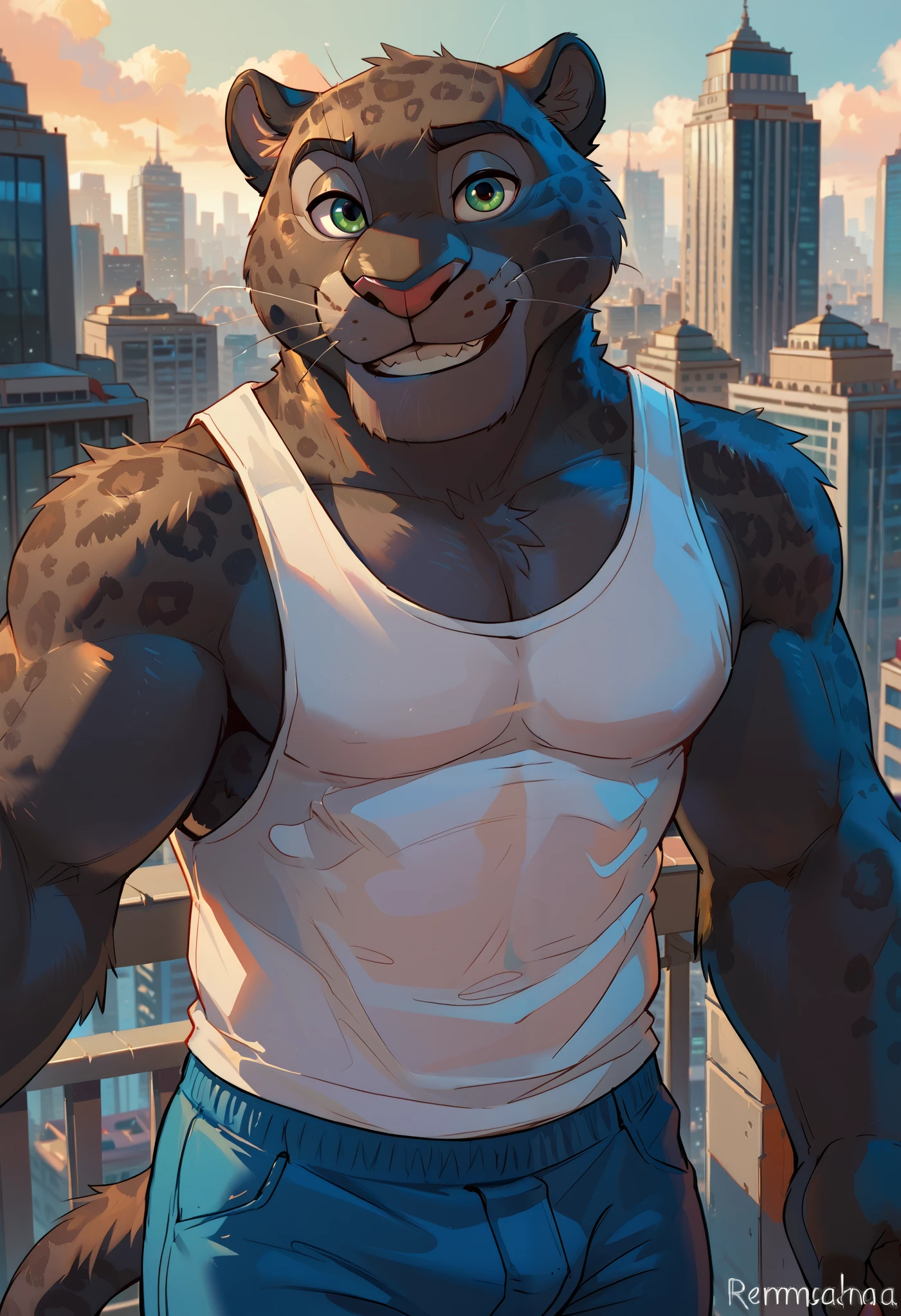 score_9, score_8_up, score_7_up, MrManchas, melanistic jaguar, black fur, sexy expression, smile, bedroom eyes, white tank top, blue pants, city skyline background, hi res, detailed eyes, eyes focus, perfect eyes, perfect face, best artwork, highly detailed bedroom