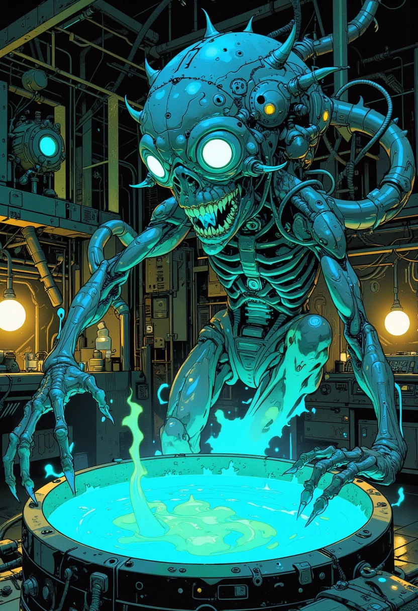 "A grotesque anthropomorphic figure emerges from a vat of glowing, fluorescent liquid in a cavernous alien laboratory. Its form is an unsettling fusion of humanoid features and nightmarish mutations: bioluminescent veins crawl across its translucent skin, while its spined exoskeleton refracts vibrant neon blues and greens. The creature’s oversized, multi-faceted eyes glimmer with unnatural intelligence, and its jagged teeth glint under the dim, flickering lights. The laboratory is a dystopian hellscape of alien machinery and grotesque organic growths, rendered in the hauntingly intricate style of H.R. Giger, with vibrant neon colors radiating in contrast to the dark, oppressive shadows of the setting."