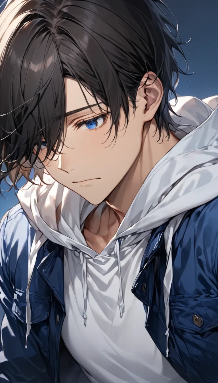  dark-haired young man"Asuka" , Face direction: facing diagonally downward  , What Yu can see ,clothing: wearing a white hoodie and blue jacket in jeans  ,  bust up , Look away
