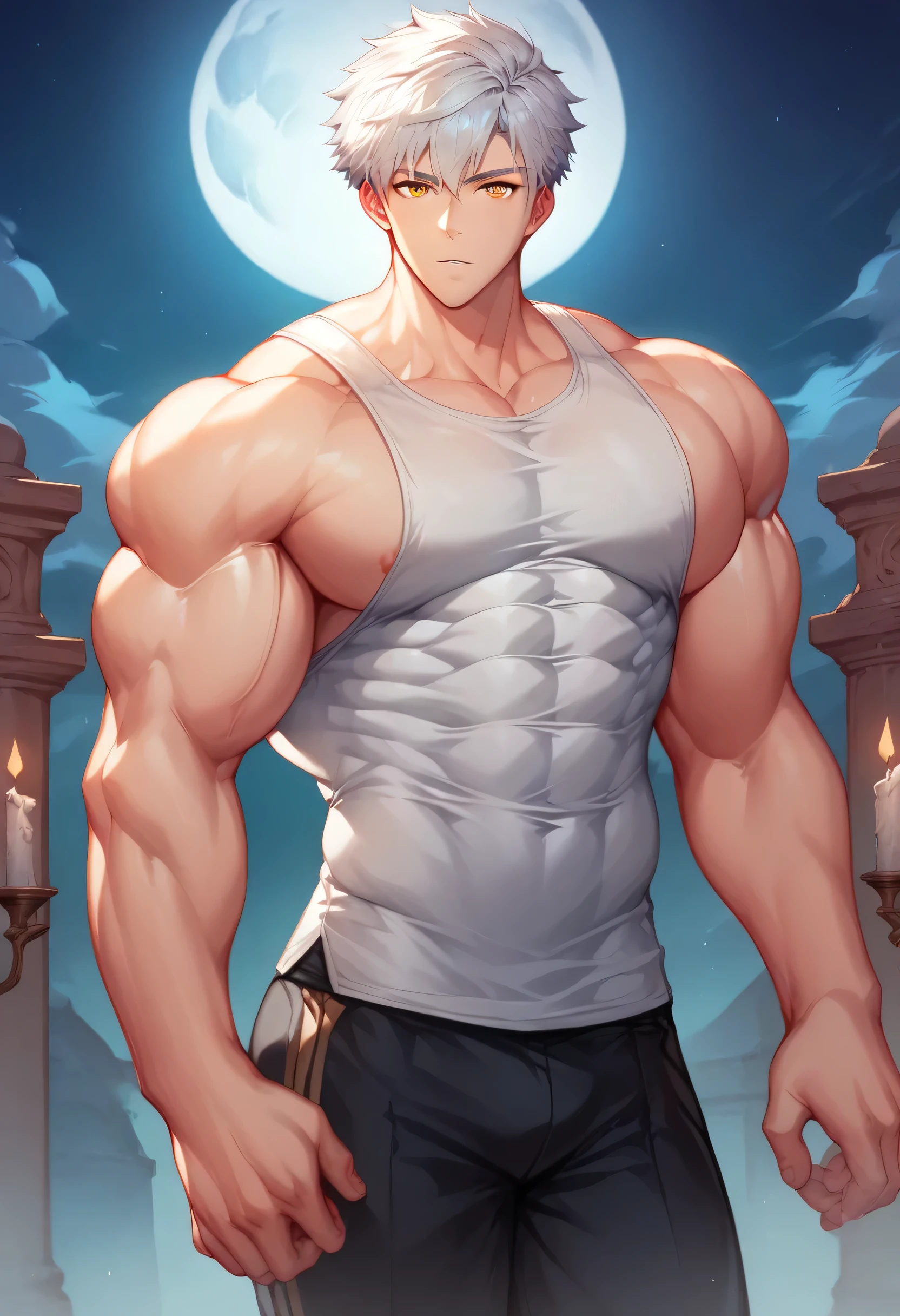 score_9, score_8_up, score_7_up, score_6_up, 1boy, solo, straight hair, short hair, silver-white hair, amber eyes, muscular, gigachad, white sleeveless shirt. (Very loose gym shirt), black cloth pants, Greek temple, standing, looking at viewer, innocent and pure expression like a 's gaze. lit candles, night, full moon.