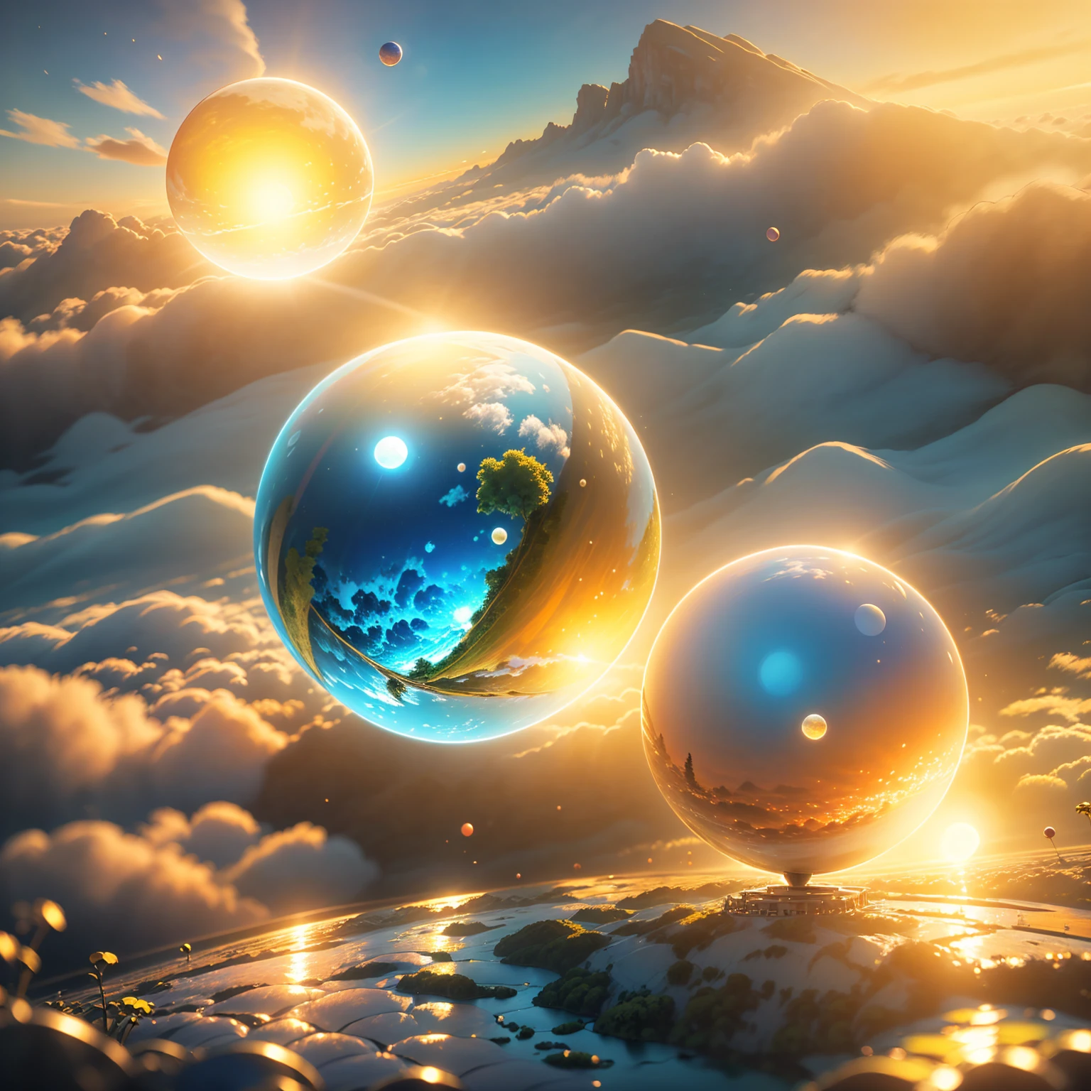 8K quality,(masterpiece:1.3), top quality, detailed images,unmanned, Above the Clouds,Floating( one small sphere is floating(A planet made of water ,Water Planet, Blue Planet )),background( golden gradation,Sunset gradation).