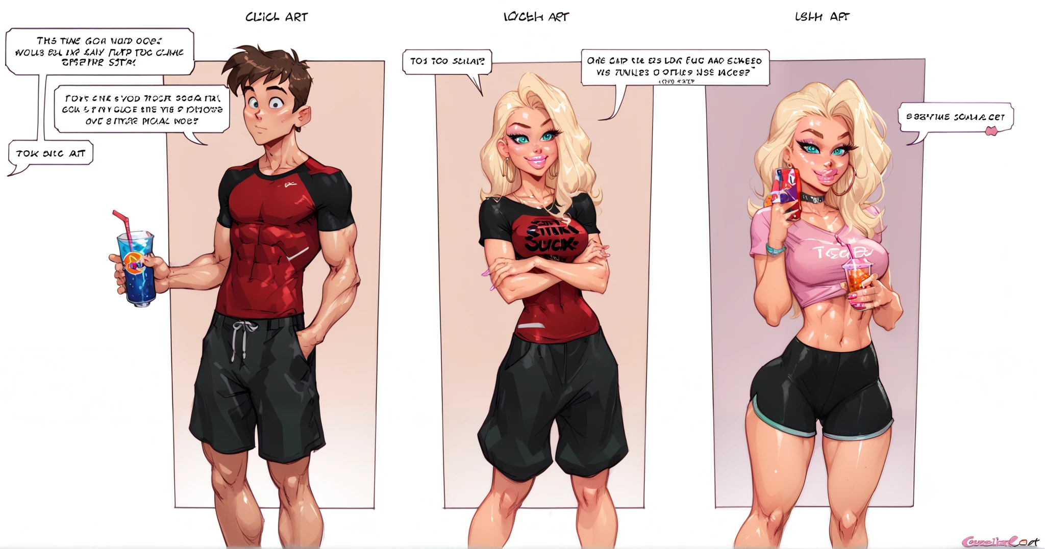 ((masterpiece)),(((best quality))),((character design sheet)), illustration,1man, boy, 1 girl, 1 woman, environment Scene change, ((man is (crotch bulge:0.9)(black skin:1.1)), muscular, (pink skin:1.2), white tshirt, white underwear, masculine, rugged, manly, sharp edges, heroic, pink legs, thick legs,)) (woman is blonde with ponytail)) scribbles and marks, no face, ((mannequin face:1.2)), rough sketches, pose too, white and black color palette, 8k,16k, (simple background, light background: 1.3)