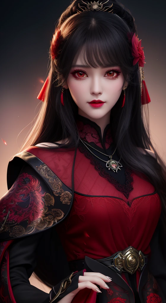 best quality, masterpiece, highres, 1girl, hanfu, white and even teeth, red irises, chinese underwear, hair ornaments, necklace, jewelry, crown jewelry. Pretty face, upper body, magic import style, tyndall effect, photo realistic, dark studio, border light, two tone light, (high detail skin: 1.2), 8k uhd, dslr , soft light, high quality, volumetric light, candid, Photo , high resolution, 4k, 8k, Bokeh, (light pink lips), 1 beautiful demon from hell, In the Dark: 1.6), surreal portraits of women by David Hockney and Alphonse Mucha, fantasy art, photorealism, dynamic lighting, station art, posters, volumetric lighting, highly detailed faces , super 8k, Awarded, in the dark, deep shadow, low light, cowboy lens, (Red phoenix shirt: 1.4), long hair, black hair, bust, luxury palace, Royal style family, devil's crown, red eyes with very sharp and detailed makeup, Best face, Very round and tight breasts, Surreal, chinese women's clothing, turtleneck polo lace top, charming smile, Beautiful eye makeup, guweiz, devil style, black lace stockings, mesh stockings with hooks on underwear, ponytail with a bow at the back, dark red lips, Devil tattoo on shoulder, wearing a nightgown thin lace deep slit chest red black, overcast and thunderous landscape, (Portrait), Close-up of main character, (Background detail 1.8),