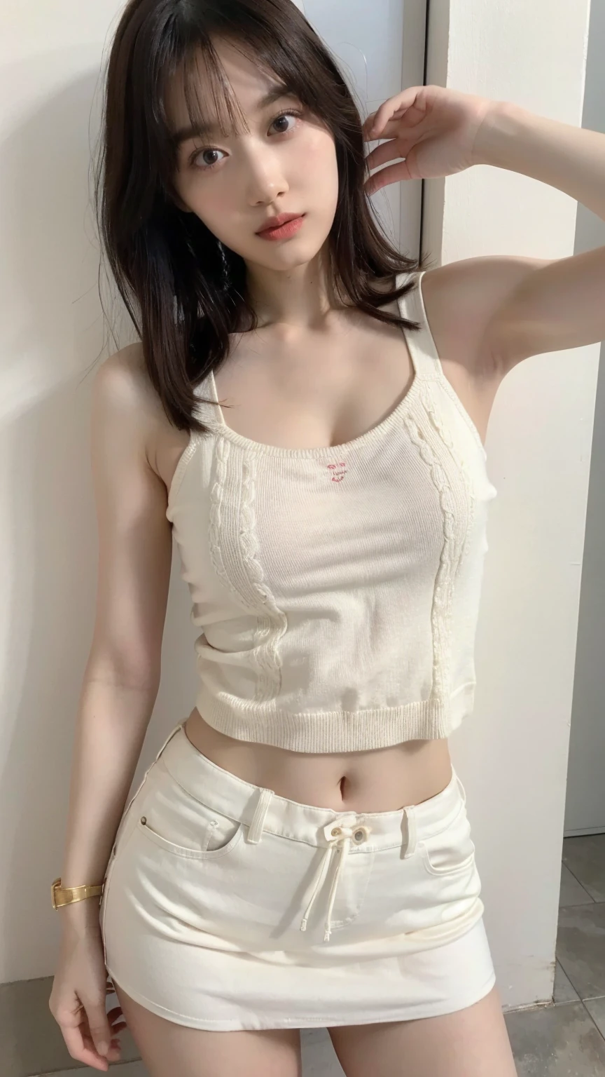 ((1girl)), woman, masterpiece, best quality, highest quality, cinematic lighting, (volumetric lighting), extremely detailed CG unity 8k wallpaper, focused, 8k wallpaper, extremely detailed, ultra realistic, photorealistic, sharp focus, absurdres, (HDR:1.2), (high contrast), photograph, detailed and intricate, instagram, portrait, highly detailed, digital painting, artstation, concept art, smooth, sharp focus, illustration, cinematic lighting, (big breast:1.3), ((skinny, slim legs)), (japanese idol posture), (knit strap tanktop, short pants, cleavage), looking at the viewer, ((Standing)), ((Medium body shot, hip level shot)), long hair, ((leaning on a wall)), beautiful eyes, (take selfie)