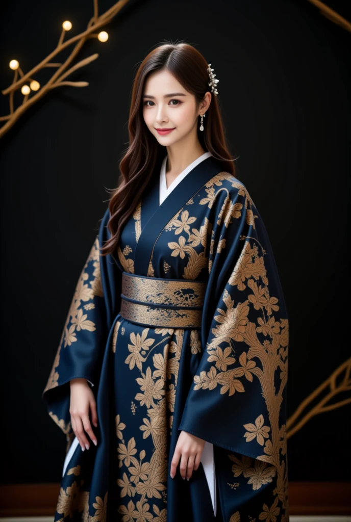 masterpiece, solo,full body, a japanese woman, long hair,black eyes,wearing a long dress,the dress made with the japanese delicate and complex pattarn , thin and soft fabric, dark deep blue, intricate graceful nature pattern with gold and various colors , elegant gown, long flowing sleeves inspired by traditional kimono, sash is inspired obi, delicate embroidery.simple dark background but cinematic light.