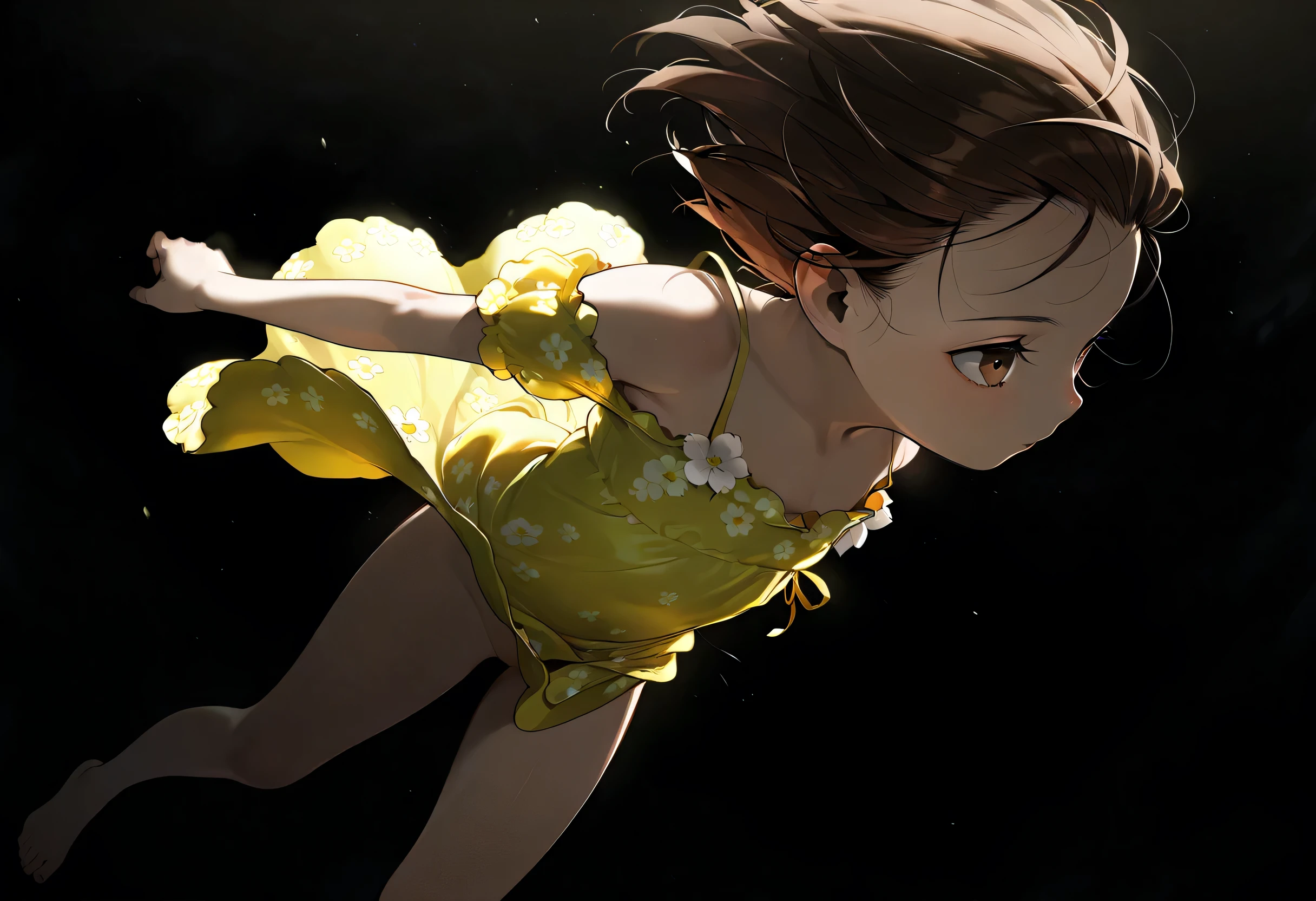 Best quality::2.5, artwork::2.5, Masterpiece::2.5, Dark background, Without light source, horror, loli, cute, Brown hair, brown eyes, short hair, Hair slicked back, bare shoulder, ((Flower design on dress)), ((Yellow dress)), Bare legs, barefoot, bottomless, no panties. Belly, Highlighting covered thighs, foundation, Wind, From the side,