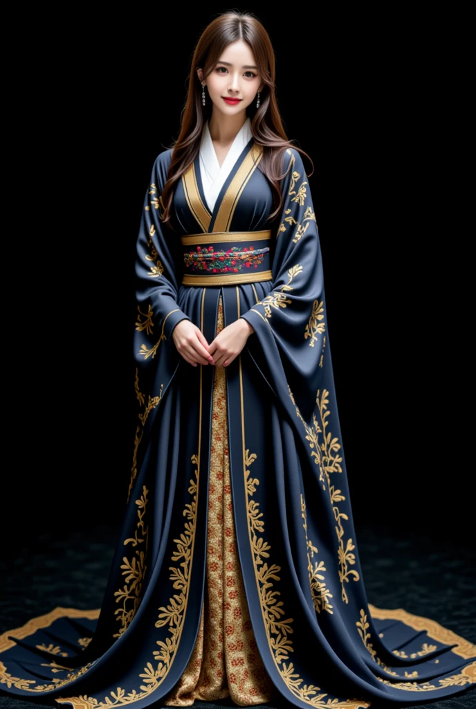 masterpiece, solo,full body, a japanese woman, long hair,black eyes,wearing a long dress,the dress made with the japanese delicate and complex pattarn , thin and soft fabric, dark deep blue, intricate graceful nature pattern with gold and various colors , elegant gown, long flowing sleeves inspired by traditional kimono, sash is inspired obi, delicate embroidery.simple dark background but cinematic light.