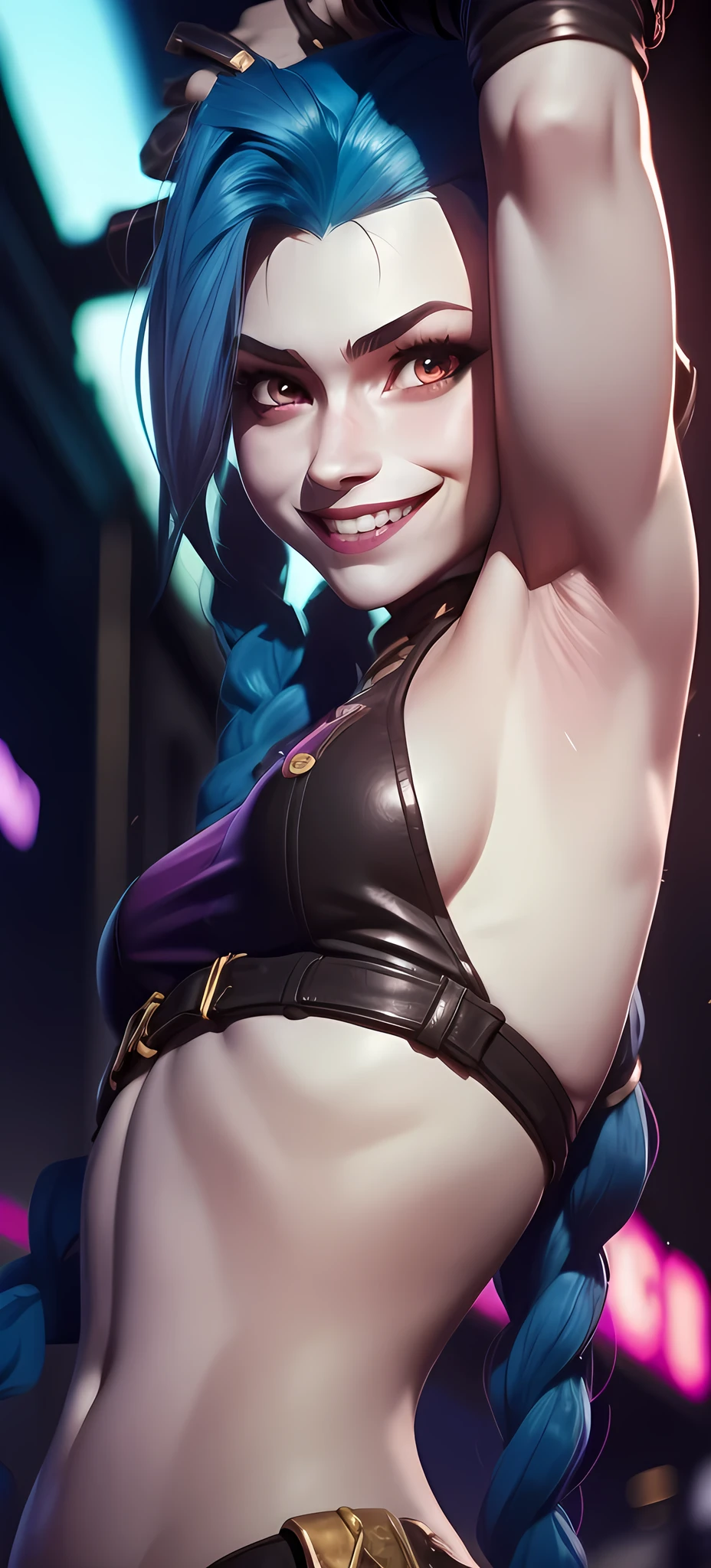 (masterpiece, best quality:1.2), 1girl, solo, Jinx, blue hair with two long twin braids detailed, city, colorful, (((showing armpits))) colorful neon background. (((sadic smile)))